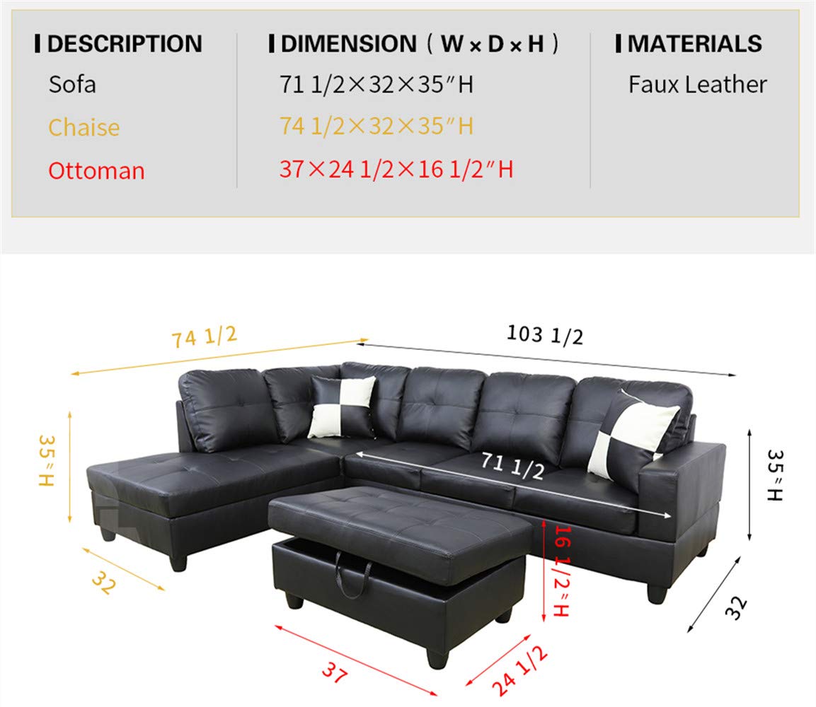 Ainehome 3-Piece L-Shaped Sectional Sofa Set with Storage Ottoman & Matching Pillows - Left-Facing Black Living Room Furniture for Small Spaces & Modern Apartments