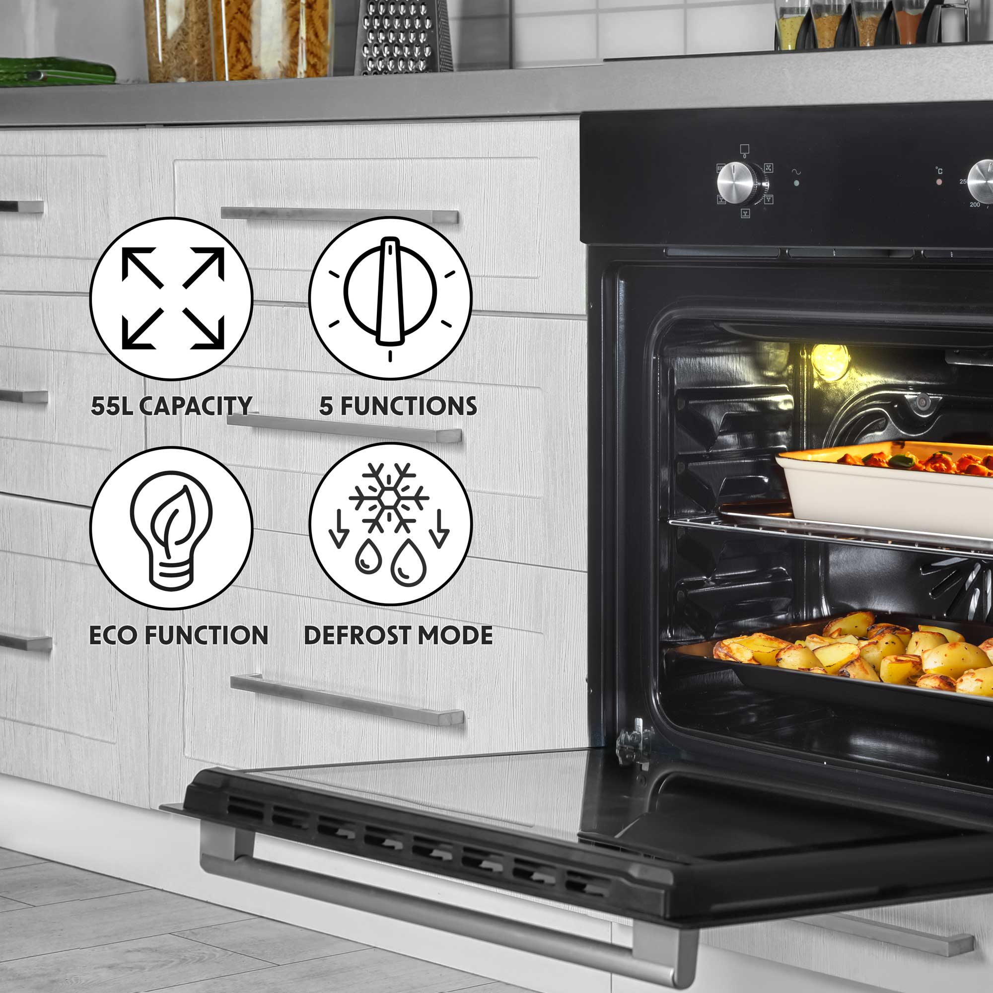 Baridi 60cm Built-In 5 Function Fan Assisted Electric Oven with 55L Capacity - Black (DH124) for Modern Kitchens, Baking & Roasting