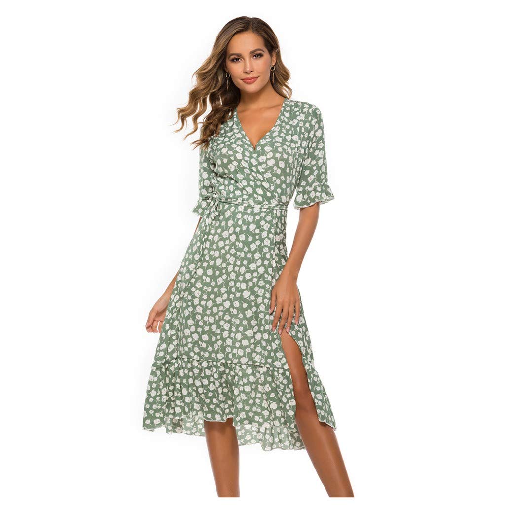 Floral Print Flowy Midi Dress for Women - Short Sleeve Cocktail Party Dress with Side Slit, Perfect for Wedding Guest, Evening Prom & Special Occasions