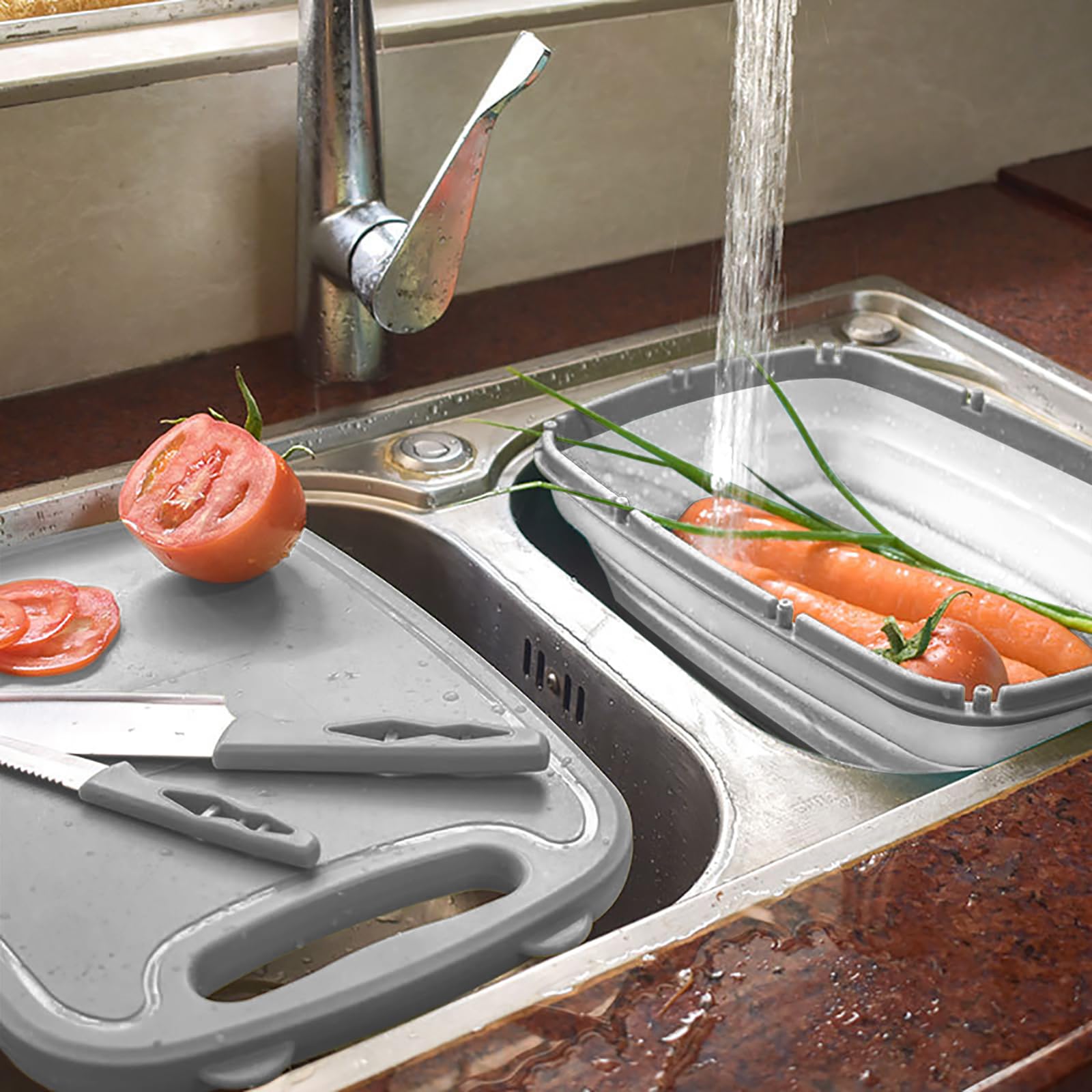 Gintan 9-in-1 Collapsible Camping Cutting Board with Colander - Portable Foldable Chopping Board for Outdoor Cooking, RV Camping & Picnics - Perfect Camping Accessories Gift for Campers (Gray)