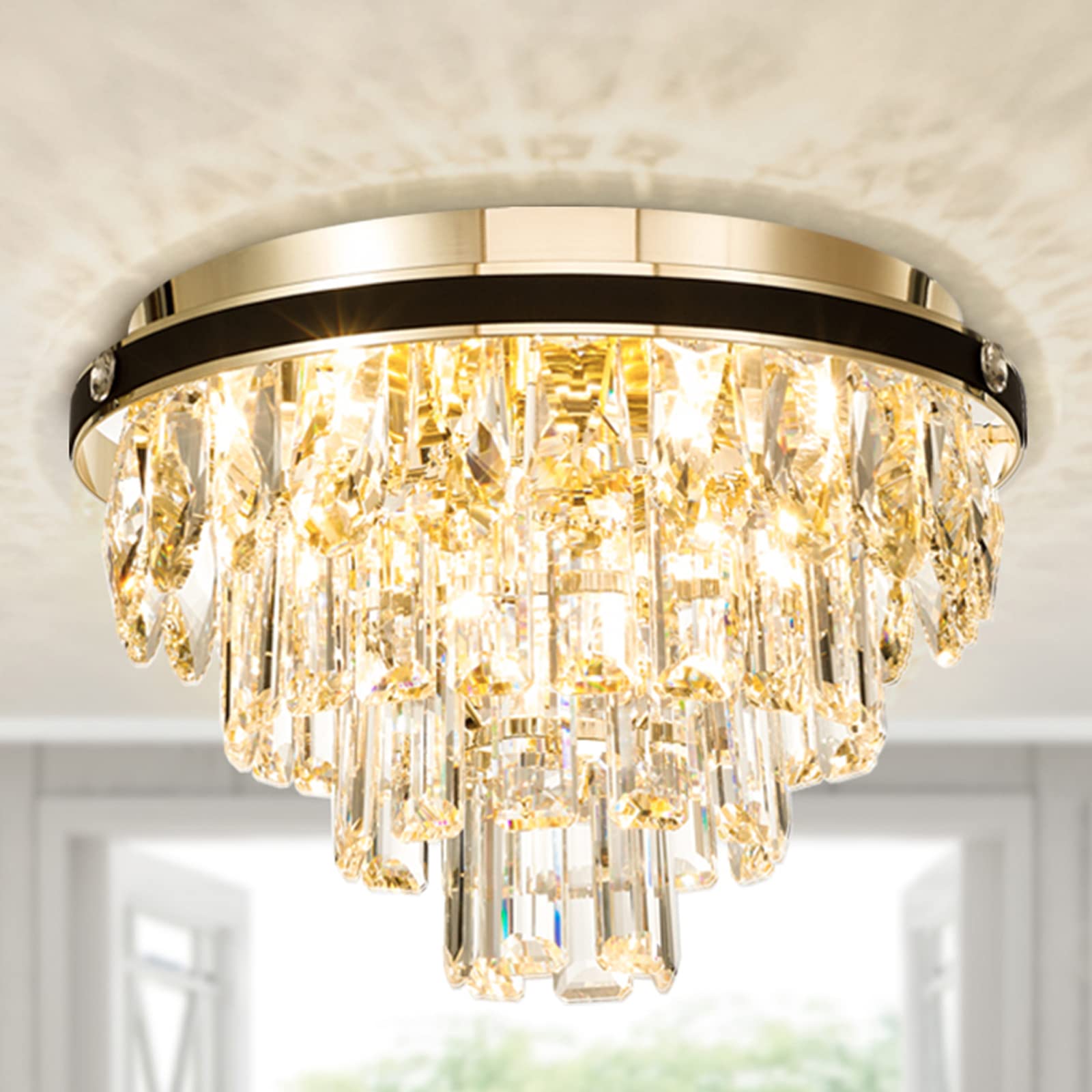 Crystal Chandelier Flush Mount Ceiling Light Fixture - 4-Light Modern Chandelier with Premium Crystals for Hallway, Bedroom, Dining Room & Kitchen (9.84'' H x 13.78'' W) - Elegant Lighting for Home Decor & Special Occasions