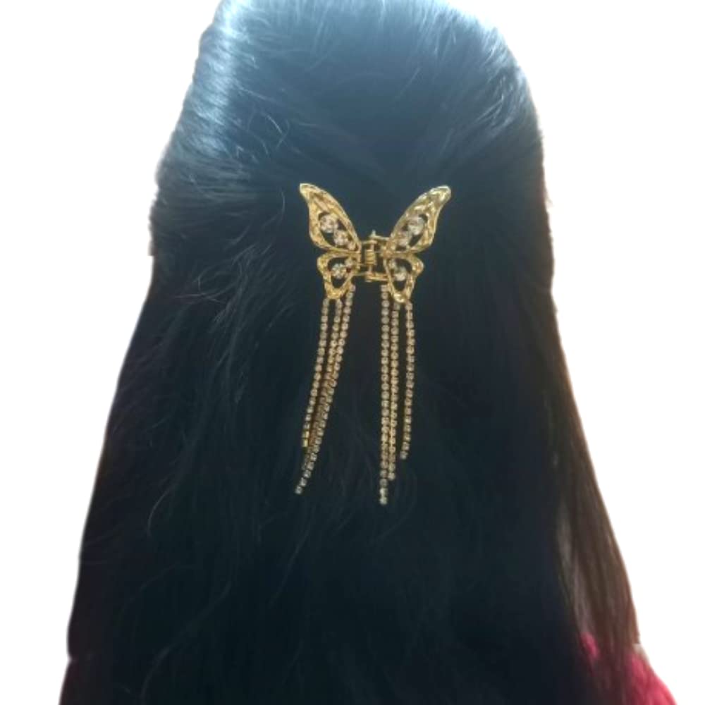 RSJ TRADERS - Rhinestone Hair Clips for Women & Girls | Elegant Butterfly Hair Clutcher with Wedding Tassel | Metal Hair Accessories for Parties, Prom, Bridal & Daily Use