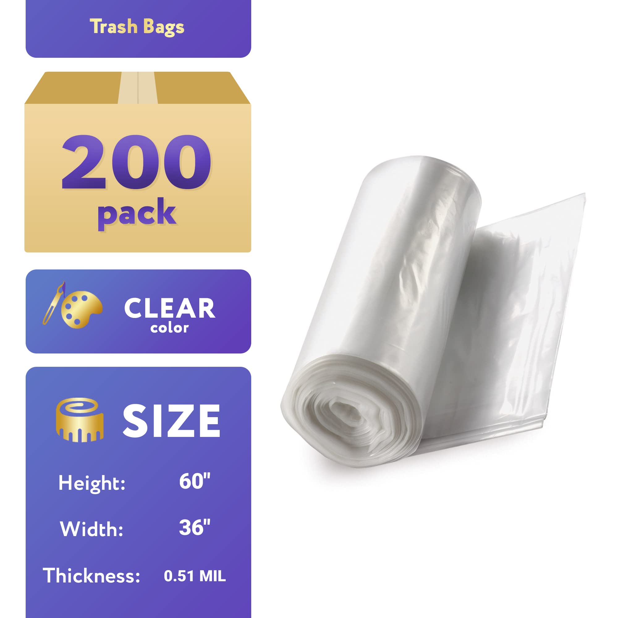 APQ 55 Gallon Clear Trash Bags - 200 Pack Large 36