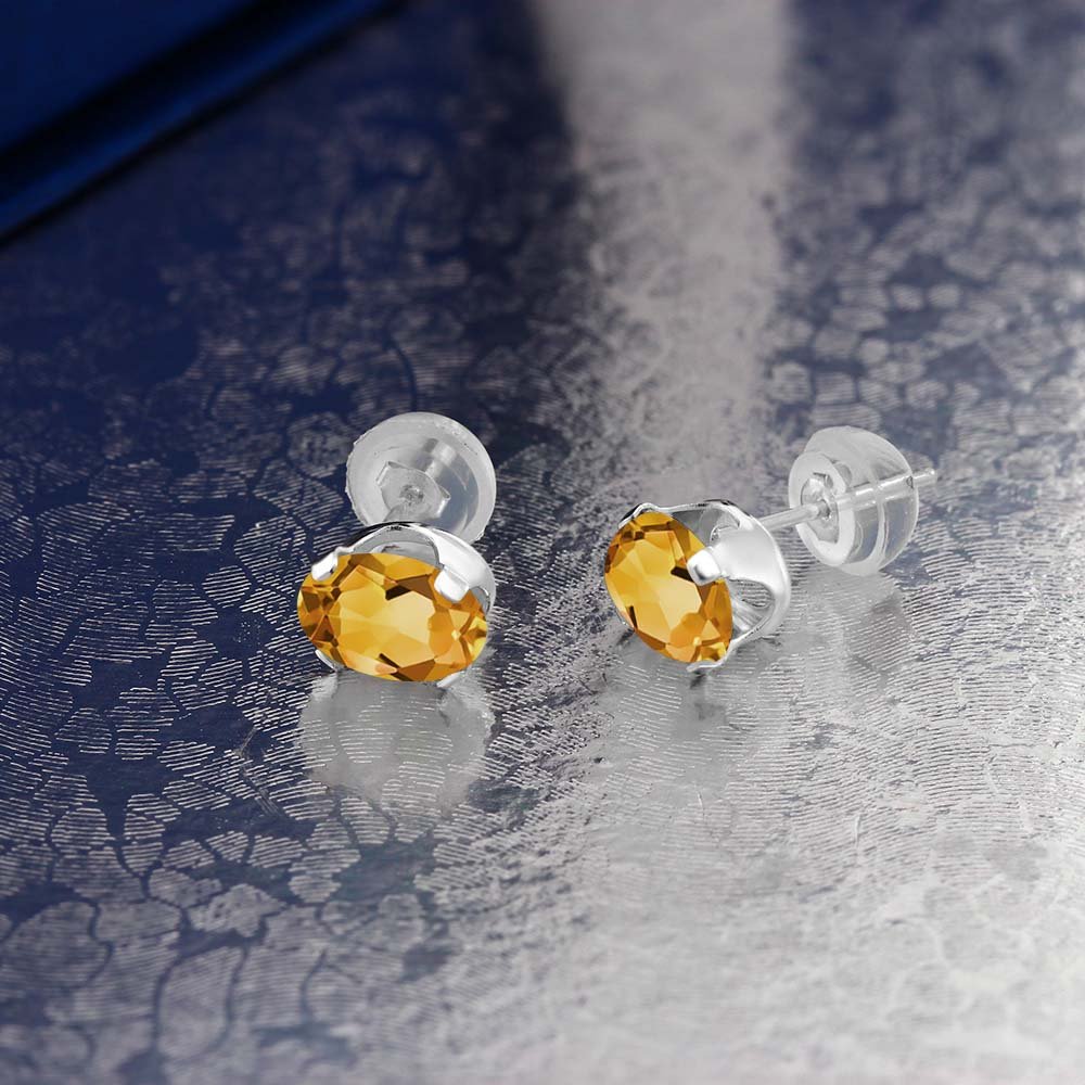 1.20 Ct Oval 7x5mm Natural Yellow Citrine Stud Earrings in 14K White Gold for Women & Men | Gem Stone King | Perfect for Weddings, Anniversaries & Gift Giving