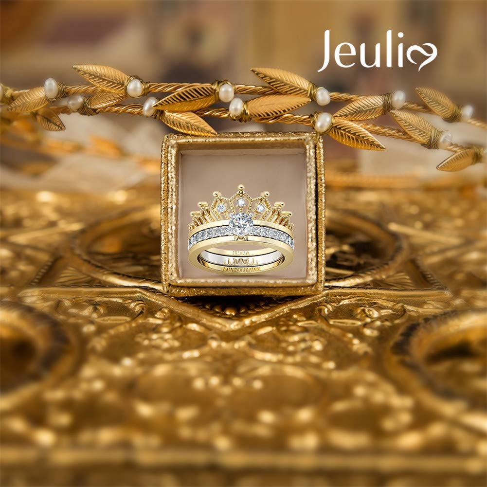 Jeulia 2 Carat Crown 925 Sterling Silver Ring for Women - Two Tone Gold Plated Wedding Band Set with Round Cut Cubic Zirconia - Engagement, Anniversary, Promise Ring - Perfect for Bridal Jewelry, Gift Giving & Special Occasions