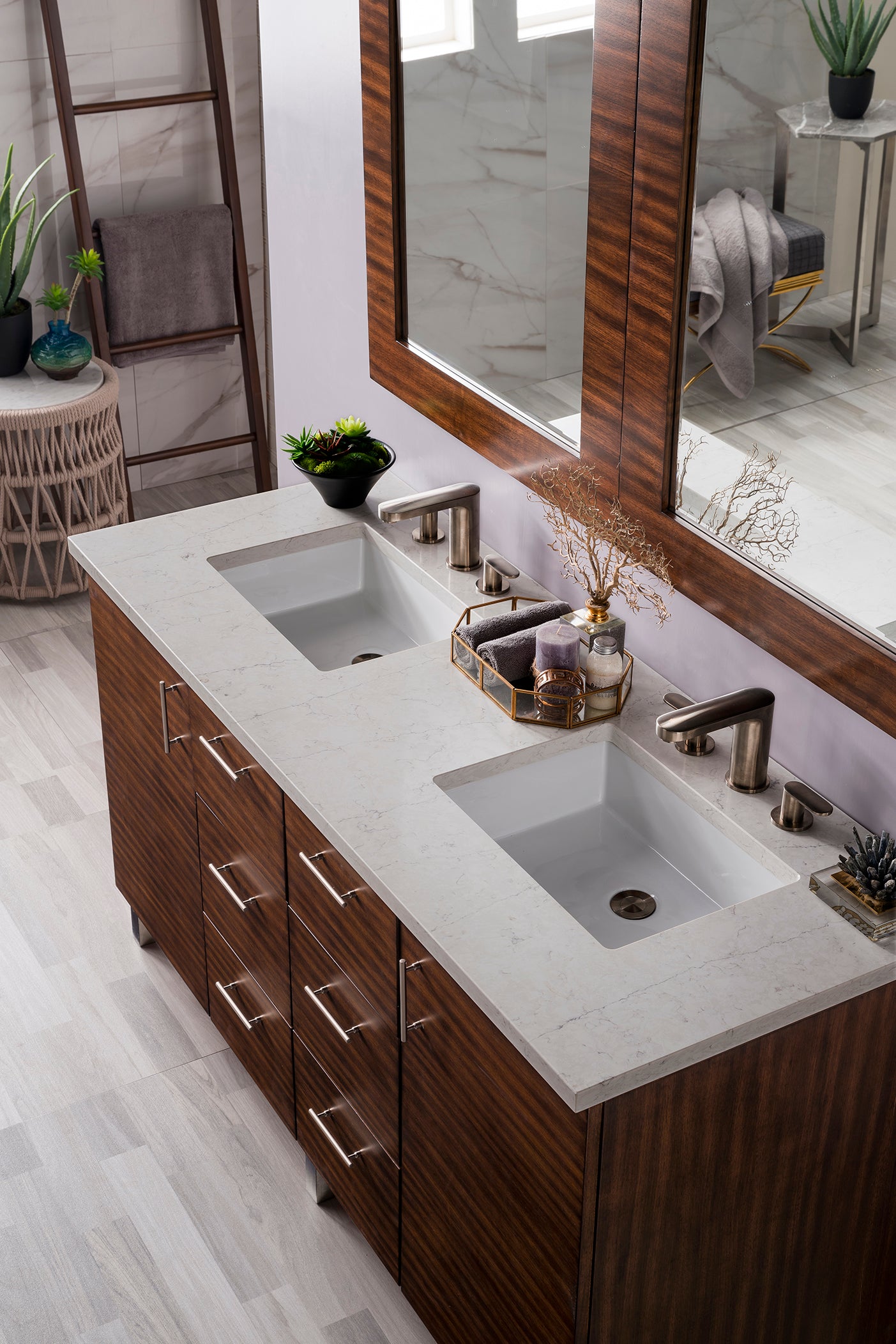 Metropolitan 60 Inch Double Bathroom Vanity with American Walnut Finish & 3CM Eternal Jasmine Pearl Quartz Countertop - Perfect for Master Bathroom Renovation and Luxury Home Upgrade