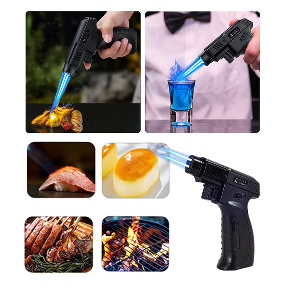 Refillable Dual Flame Butane Torch Lighter for Cooking, Baking & BBQ - Perfect for Creme Brulee, Desserts, Dabbing & Soldering - Kitchen Torch Gun Hand Lighter (Butane Not Included)