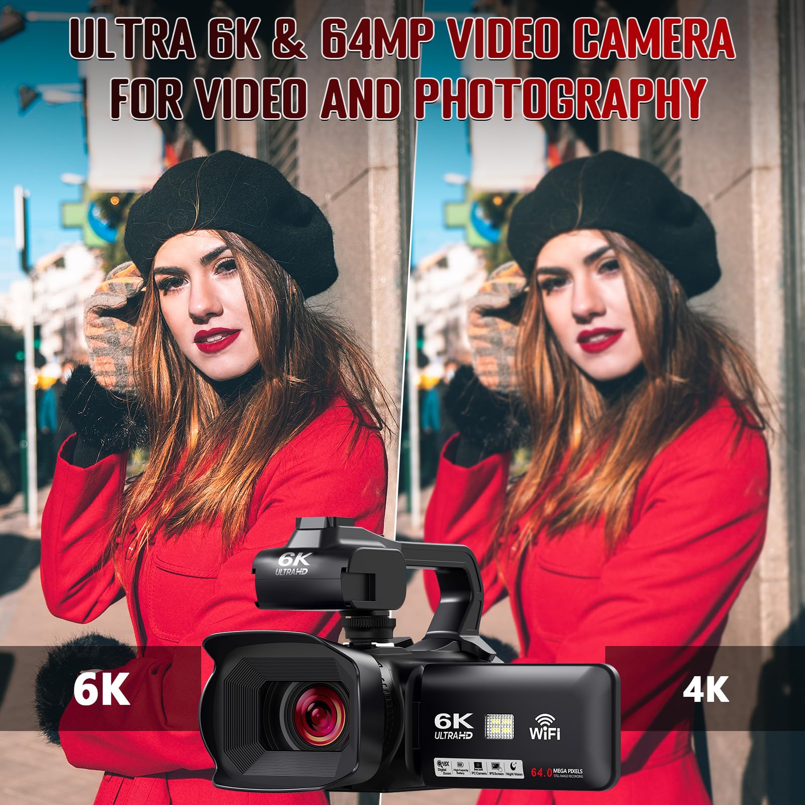 6K Video Camera Camcorder with 64MP & 18X Zoom - WiFi Vlogging Camera for YouTube, IR Night Vision, 4500mAh Battery, Stabilizer, Mic & Remote - Perfect for Travel Vlogging, Live Streaming & Outdoor Filming