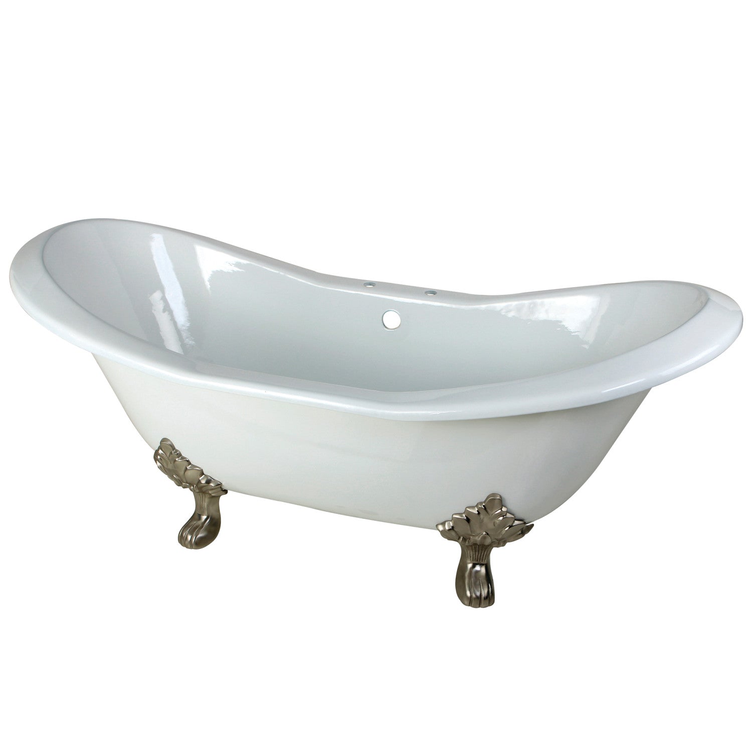 Aqua Eden 72 Inch White Cast Iron Oval Double Slipper Clawfoot Bathtub with Brushed Nickel Faucet - Vintage Freestanding Soaking Tub for Luxury Bathroom & Spa Retreat