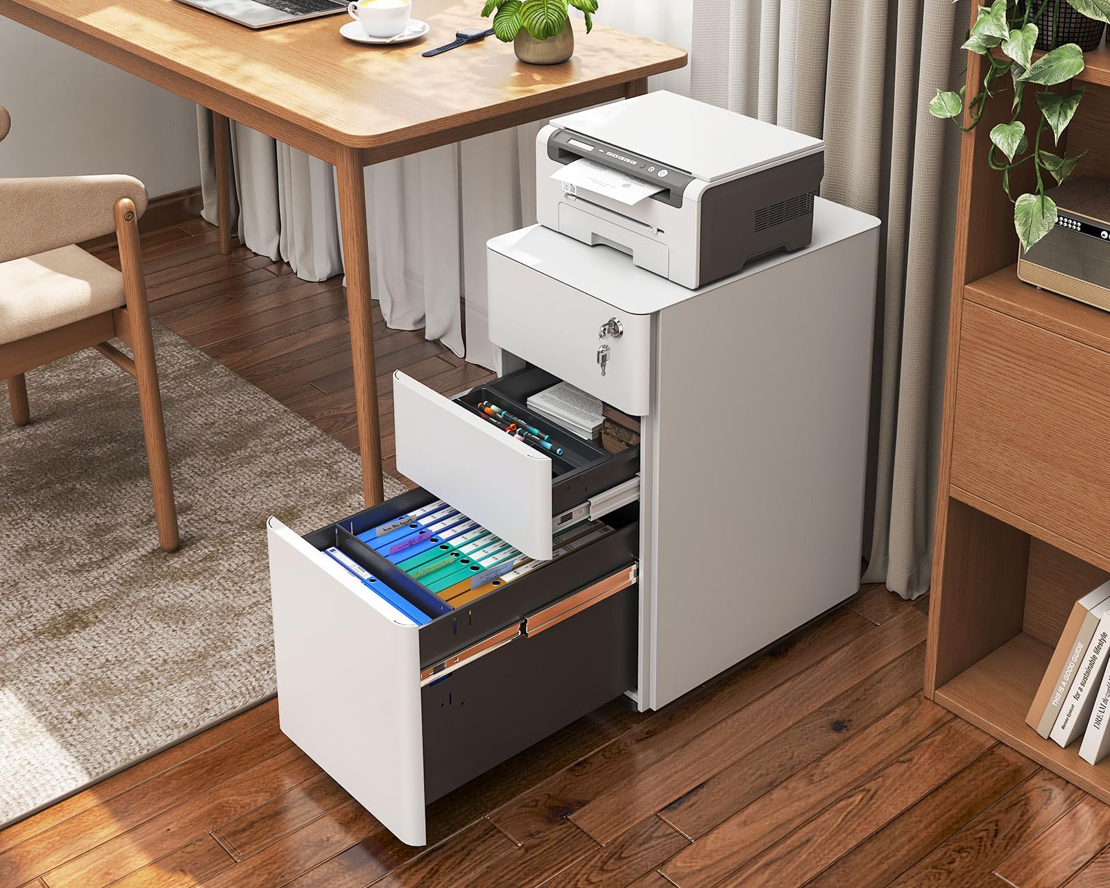 AODK 3-Drawer Rolling File Cabinet with Lock - Fully Assembled Mobile Storage for A4/Legal/Letter Files - White - Perfect for Home Office Organization & Document Management