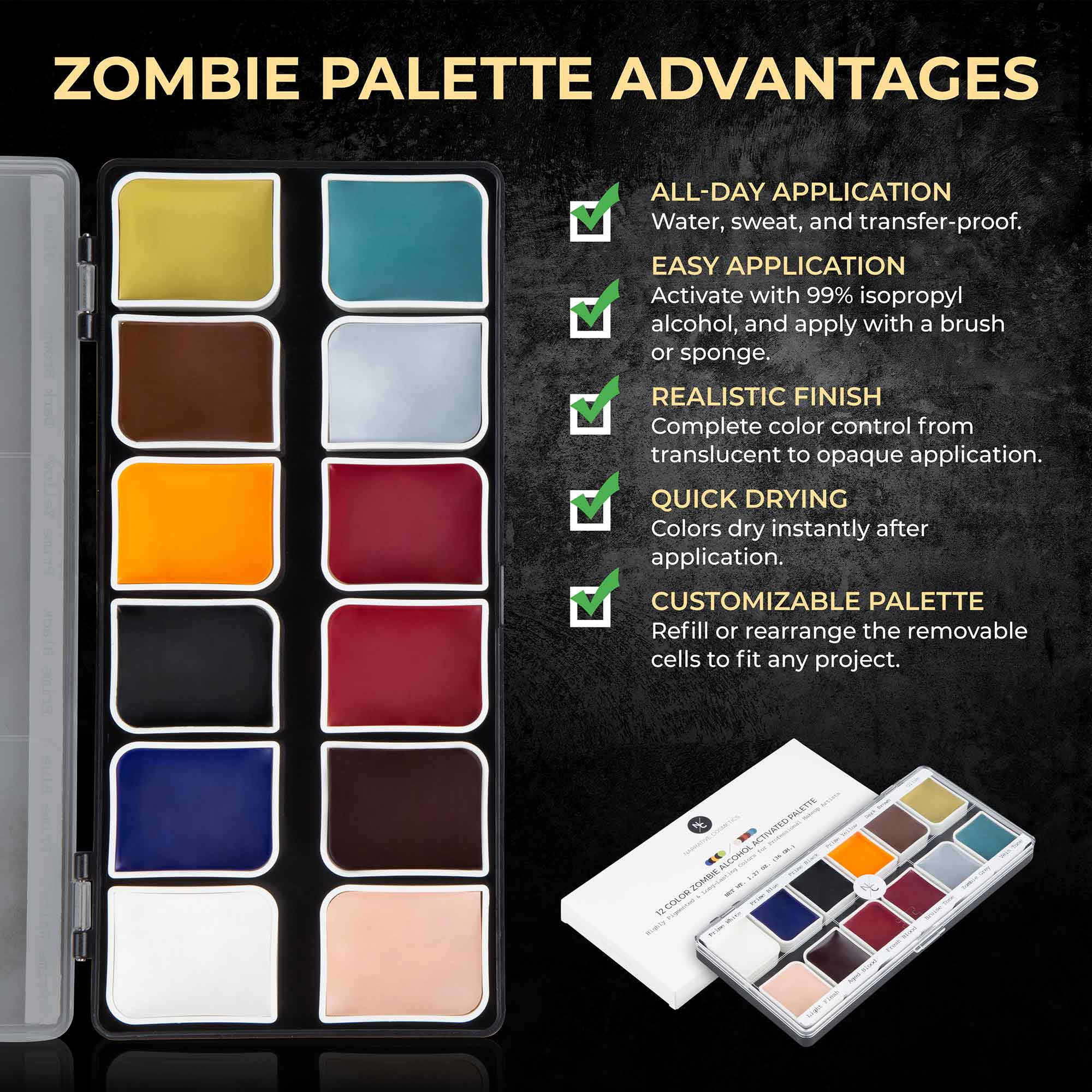 12 Color Zombie Alcohol Activated Professional SFX Makeup Palette - Halloween, Cosplay & Special Effects Makeup Kit for Horror Movies & Theater Productions