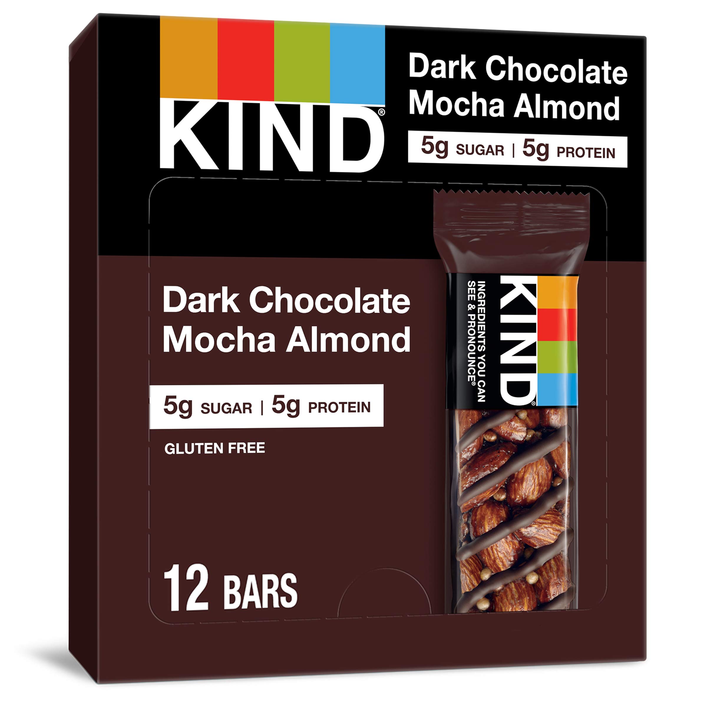 KIND Bars, Dark Chocolate Mocha Almond - Healthy Gluten Free Snacks with 5g Protein & Low Sugar (12 Count) | Perfect for On-the-Go Breakfast, Office Snacks & Post-Workout Energy Boost