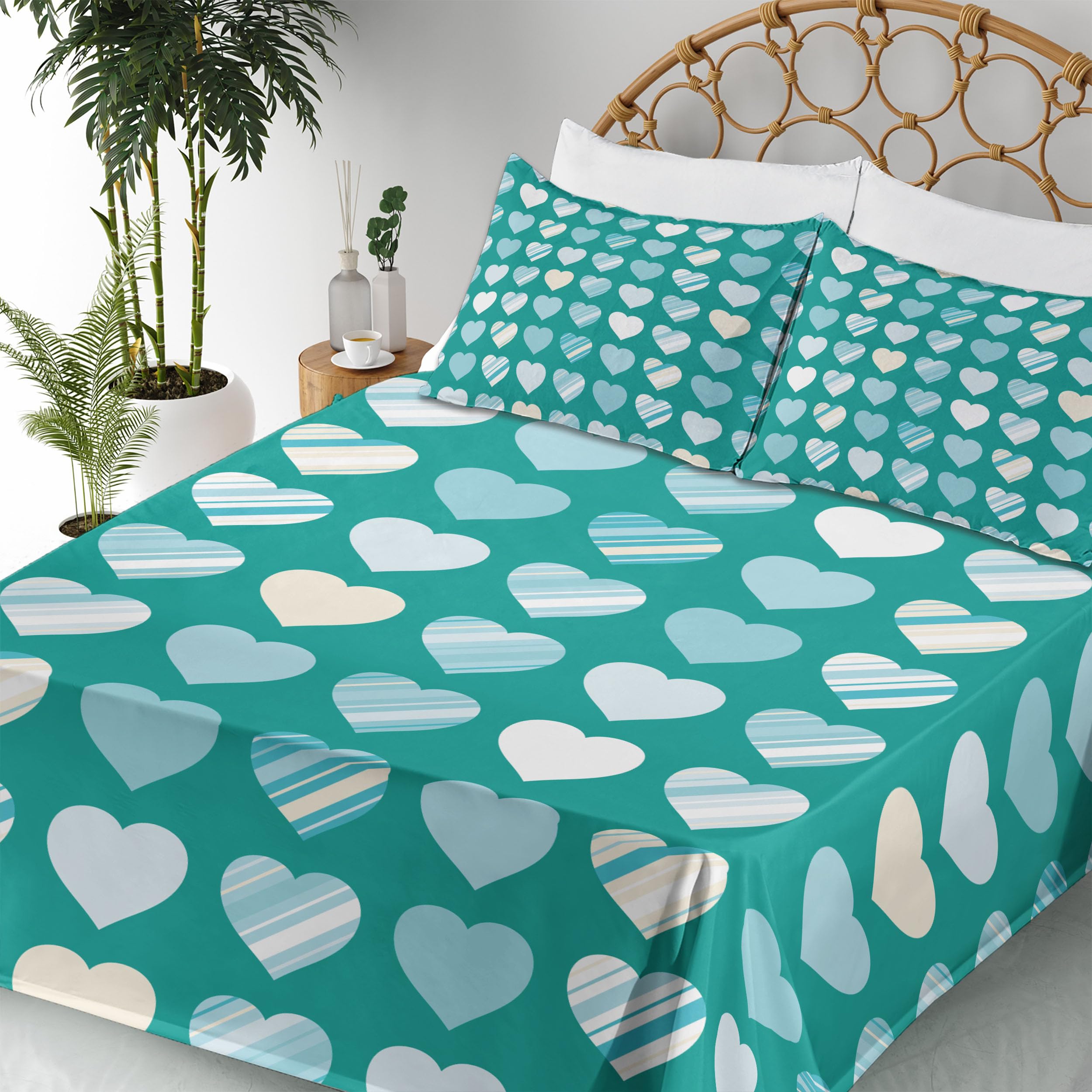 Ambesonne Romance 4-Piece Sheet Set - King Size, Jade Green Seafoam Cream with Heart Lovers Design, Fitted & Flat Sheets + Pillowcases | Soft Bedding for Couples, Valentine's Gift, Master Bedroom Decor