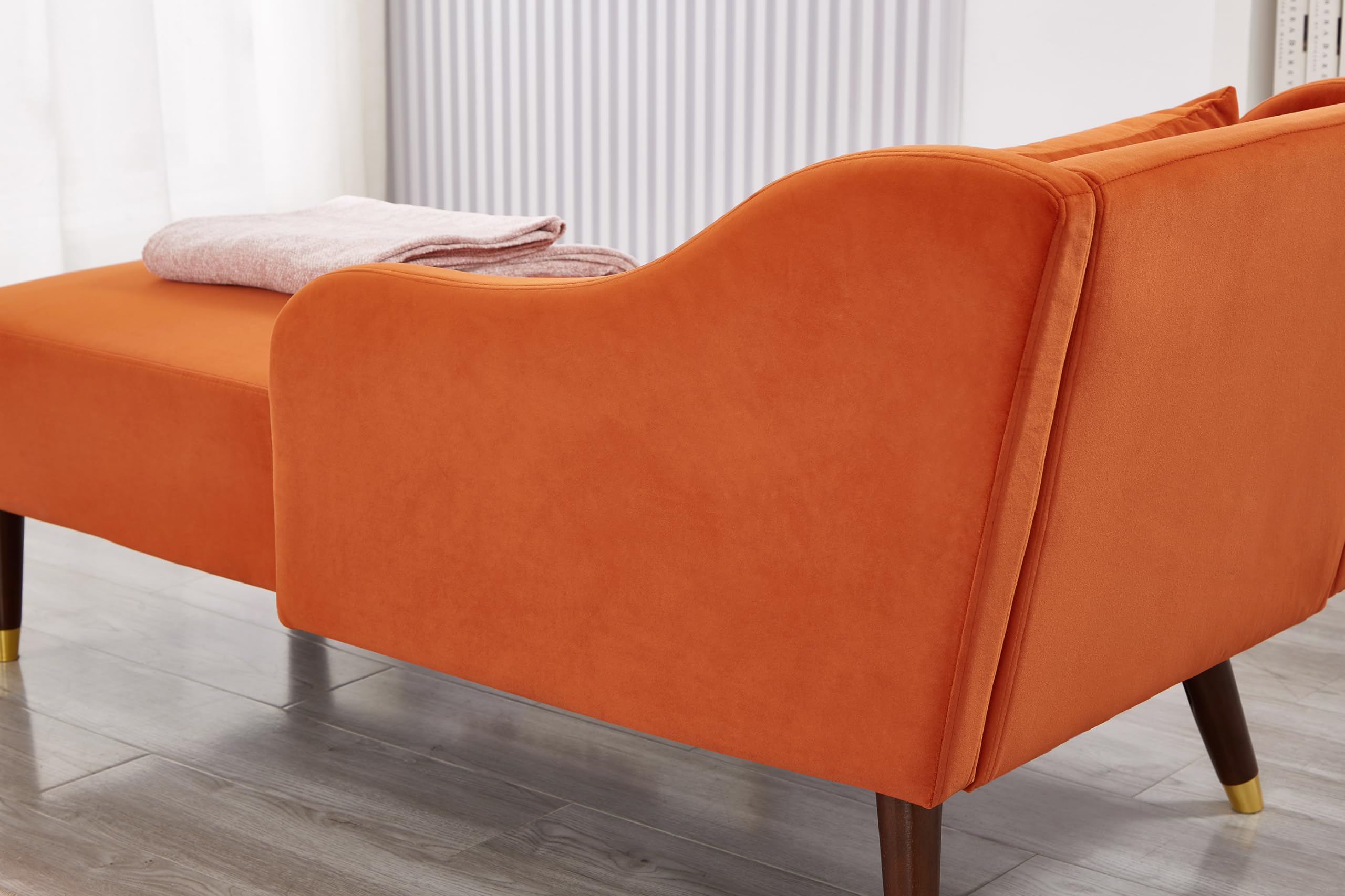Velvet Upholstered Chaise Lounge Chair with Pillow - Solid Wood Legs Modern Indoor Lounge Chair for Living Room, Bedroom & Office - Comfortable Orange Accent Furniture for Relaxing, Reading & Napping