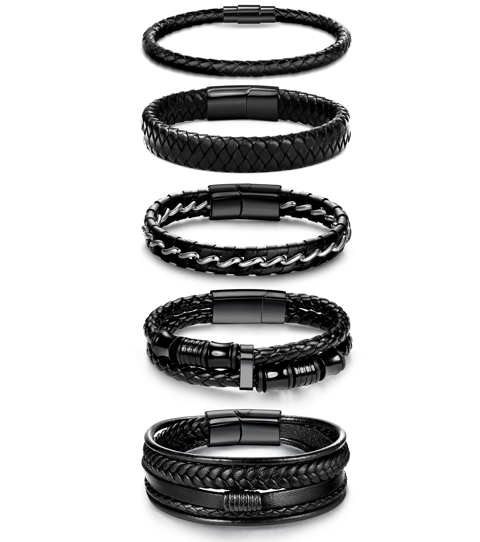 SAILIMUE 5-Pack Black Leather Bracelets for Men & Women - Adjustable Braided Leather Wristbands (7.5-8.5 Inch) - Stylish Cuff Bracelet Set for Casual Wear, Gifts & Fashion Accessories