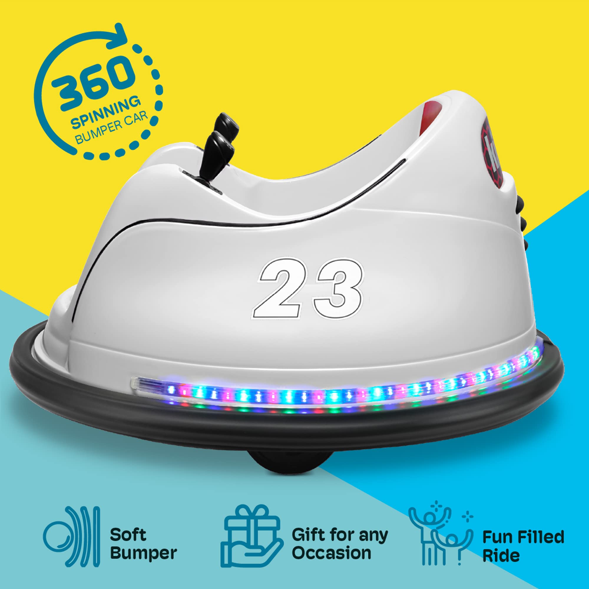Kidzone 6V Electric Ride On Bumper Car for Kids & Toddlers Ages 1.5-6 Years - Remote Control, LED Lights, 360° Spinning, DIY Stickers - ASTM Certified Safe Bumper Toy Gift for Birthday & Indoor Play