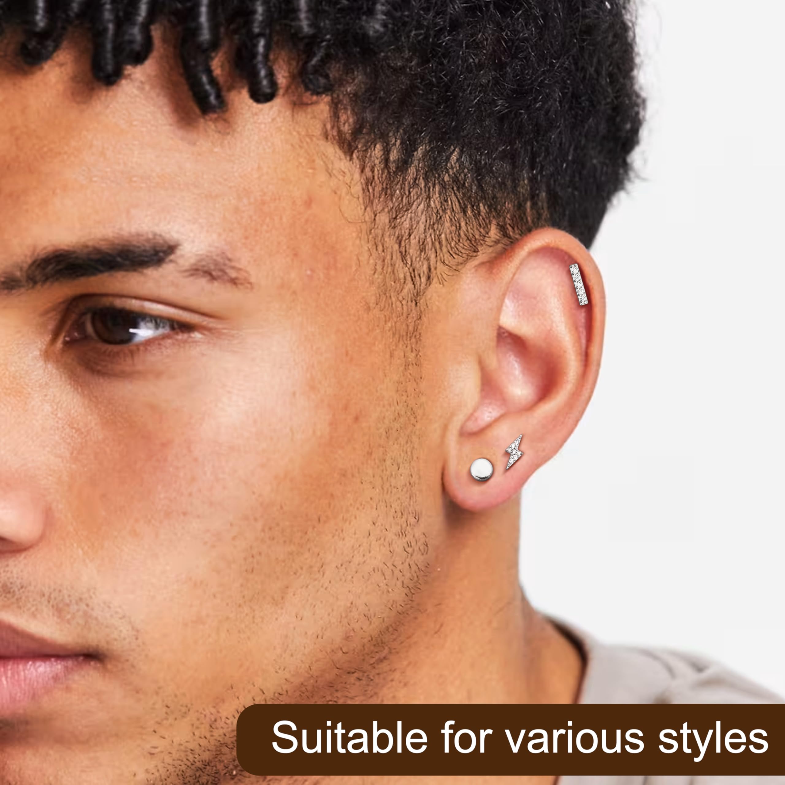 Hayoso 6 Pairs Sterling Silver Stud Earrings Set - Hypoallergenic CZ Circle, Bar & Lightning Bolt Earrings - White Gold Plated Tiny Cartilage Studs for Women - Perfect for Everyday Wear, Gifts & Special Occasions