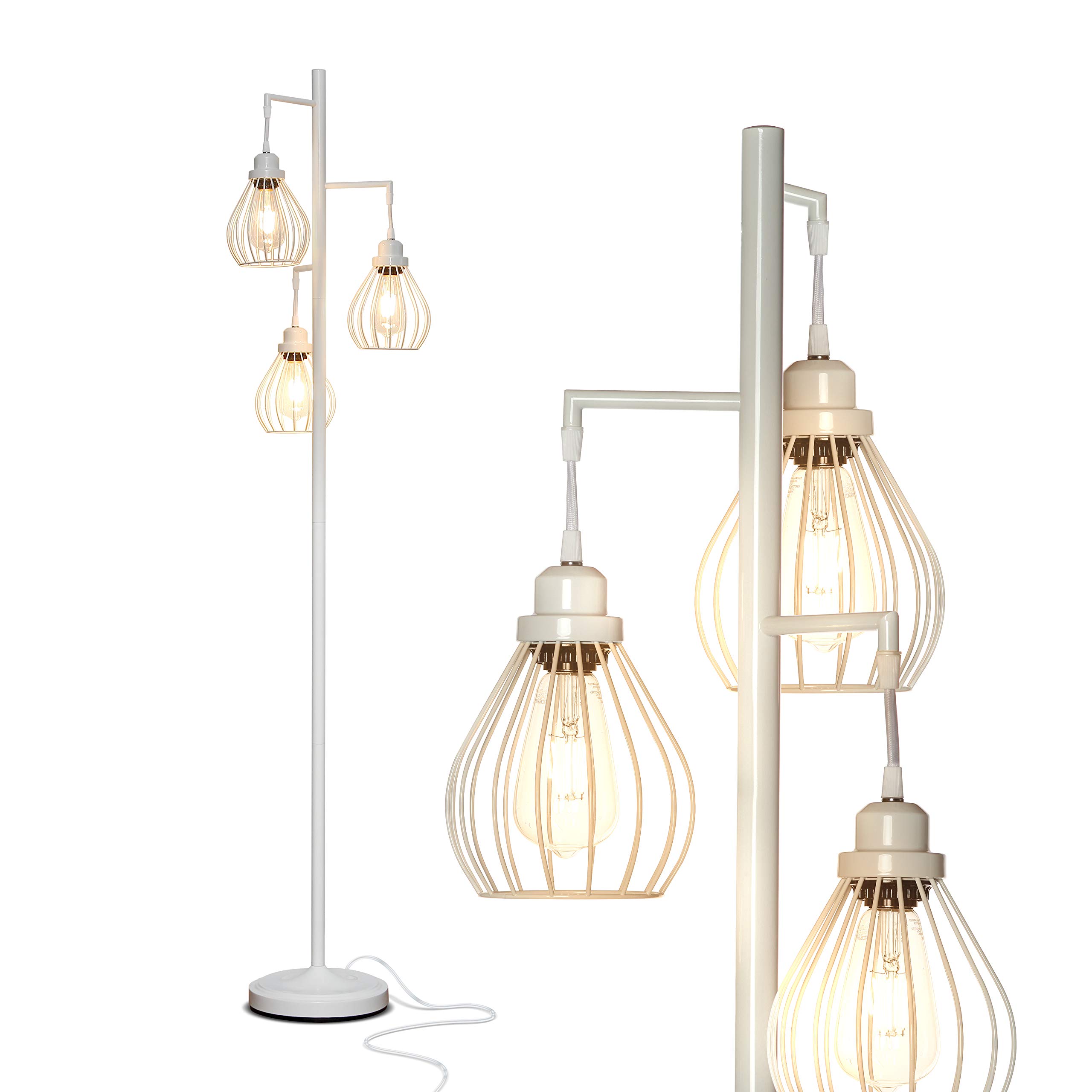 Brightech Teardrop LED Floor Lamp - 3 Elegant Cage Heads with Edison Bulbs, Modern Standing Lamp for Living Room, Office & Bedroom Reading - Tall Tree Design in Alpine White - Perfect for Cozy Nights & Home Decor