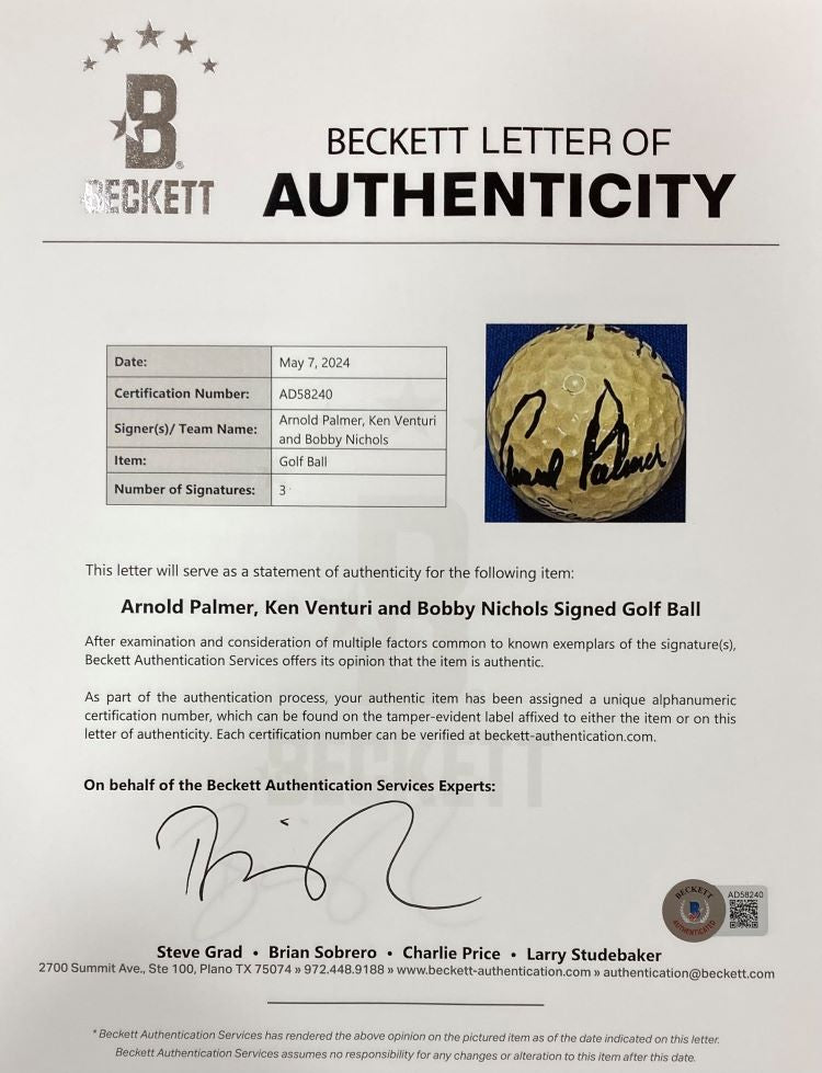 Arnold Palmer Ken Venturi Bobby Nichols Autographed Titleist 3 Golf Ball with BAS LOA - Perfect for Golf Collectors & Memorabilia Displays