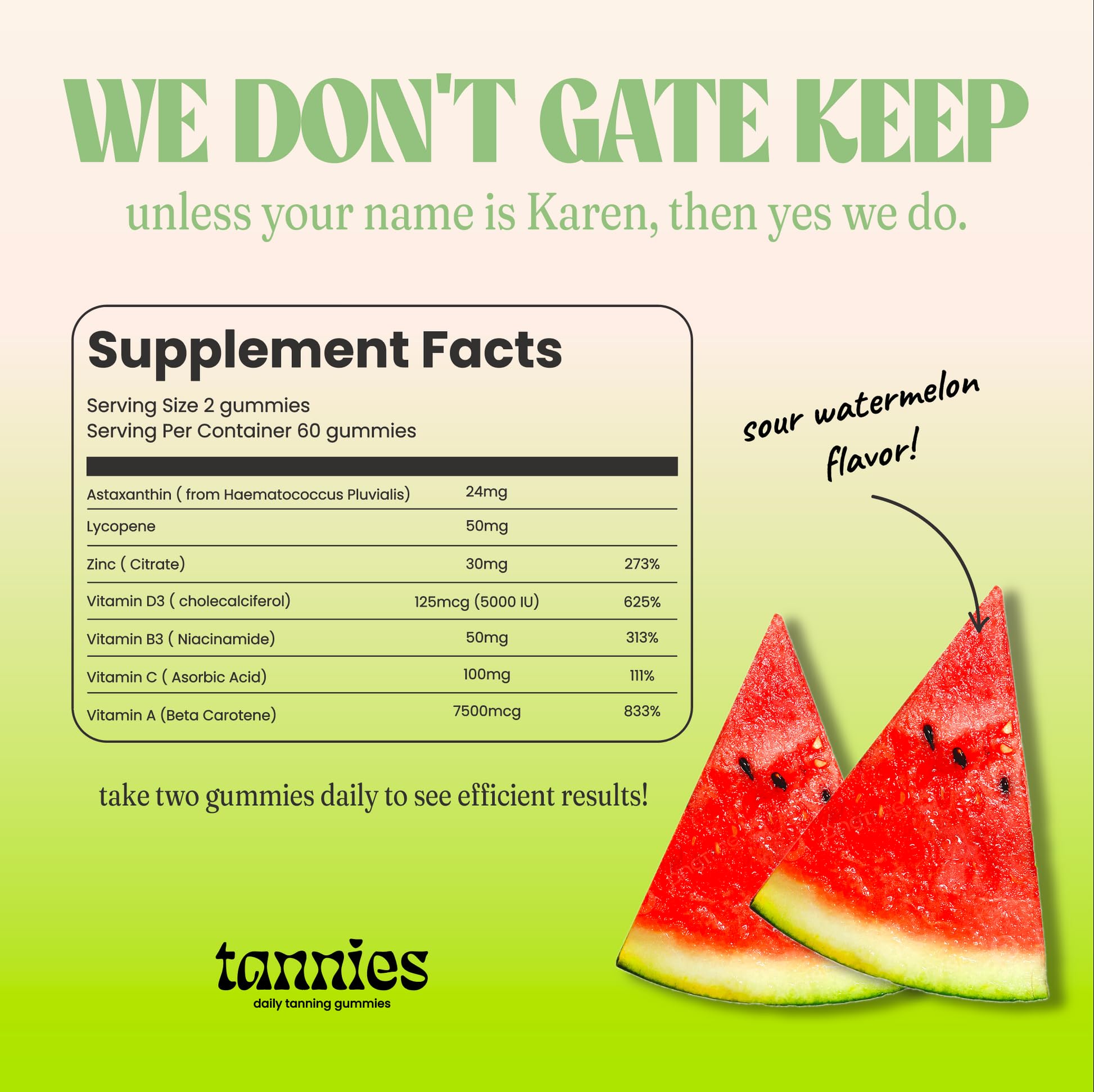 Tanies Tanning Gummies - Natural Self Tanner Supplement with Astaxanthin, Lycopene & Beta Carotene for Healthy Glowing Skin | Non-GMO, Sour Watermelon Flavor, 60 Gummies | Perfect for Beach Days, Vacations & Sunless Tanning Routine