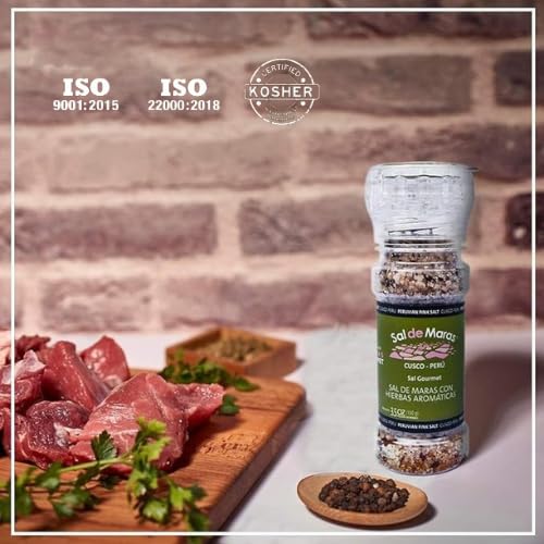Premium Maras Gourmet Pink Salt from Peru - Hand-Harvested, Refillable Grinder 3.5oz (100g) with Natural Spices | Unique Flavor for Cooking, Seasoning & Gourmet Dishes | Authentic Peruvian Pink Salt for Chefs & Home Cooks
