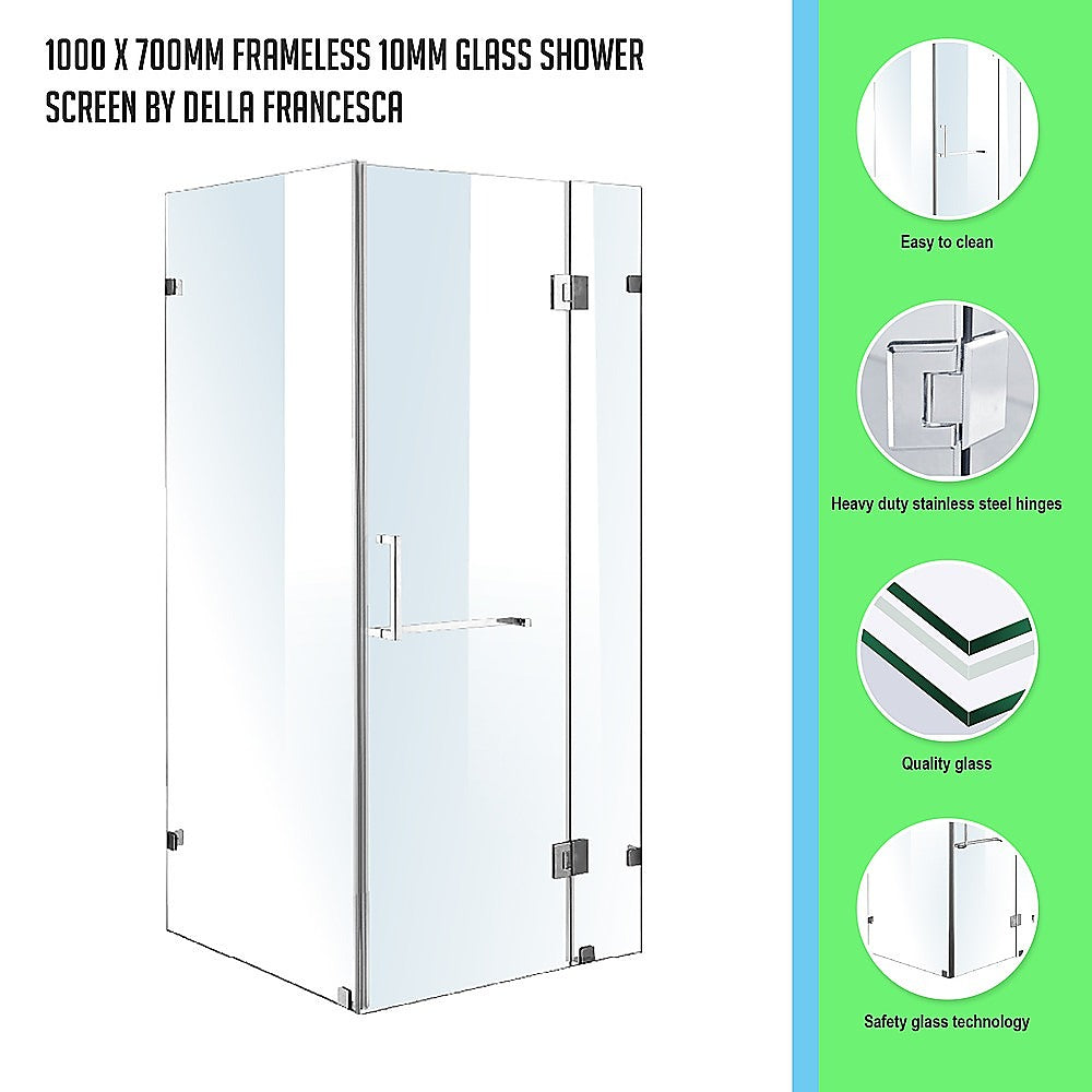 Della Francesca Frameless 10mm Glass Shower Screen - 1000 x 700mm - Clear Tempered Bathroom Enclosure for Modern Walk-In Showers & Wet Rooms