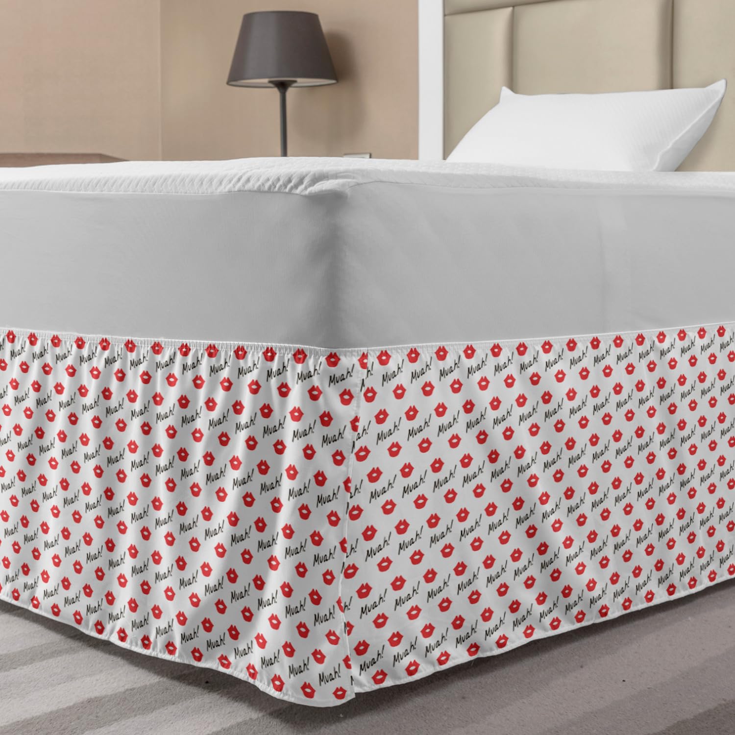 Ambesonne Red Lips Kiss Marks Elastic Bed Skirt - Romantic Feminine Bedroom Decor for Valentine's Day, Full Size Wrap Around Dust Ruffle (Vermilion/White) - Perfect for Master Bedrooms, Guest Rooms & Romantic Getaways