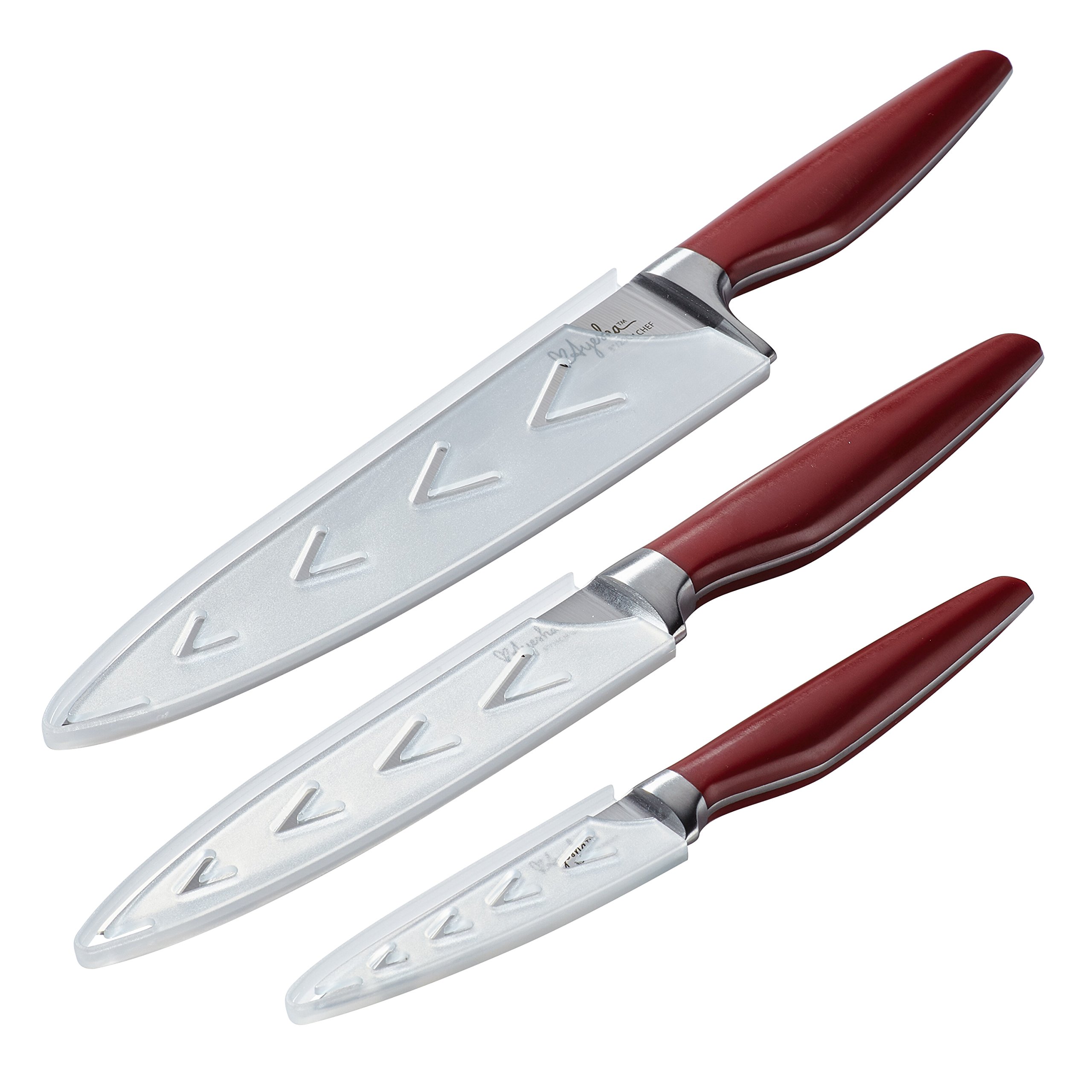 Ayesha Curry Nonstick Cookware Set & Japanese Stainless Steel Knife Set Bundle - 9-Piece Pots & Pans + 3-Piece Knives with Sheaths (Sienna Red) - Perfect for Home Cooking, Professional Chefs & Kitchen Enthusiasts