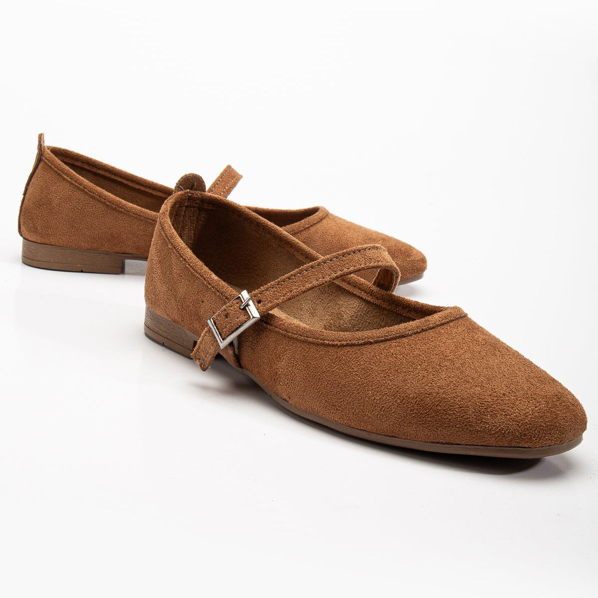Emilie Cognac Brown Suede Mary Jane Flats - Comfortable Women's Casual Shoes for Work, Office & Everyday Wear