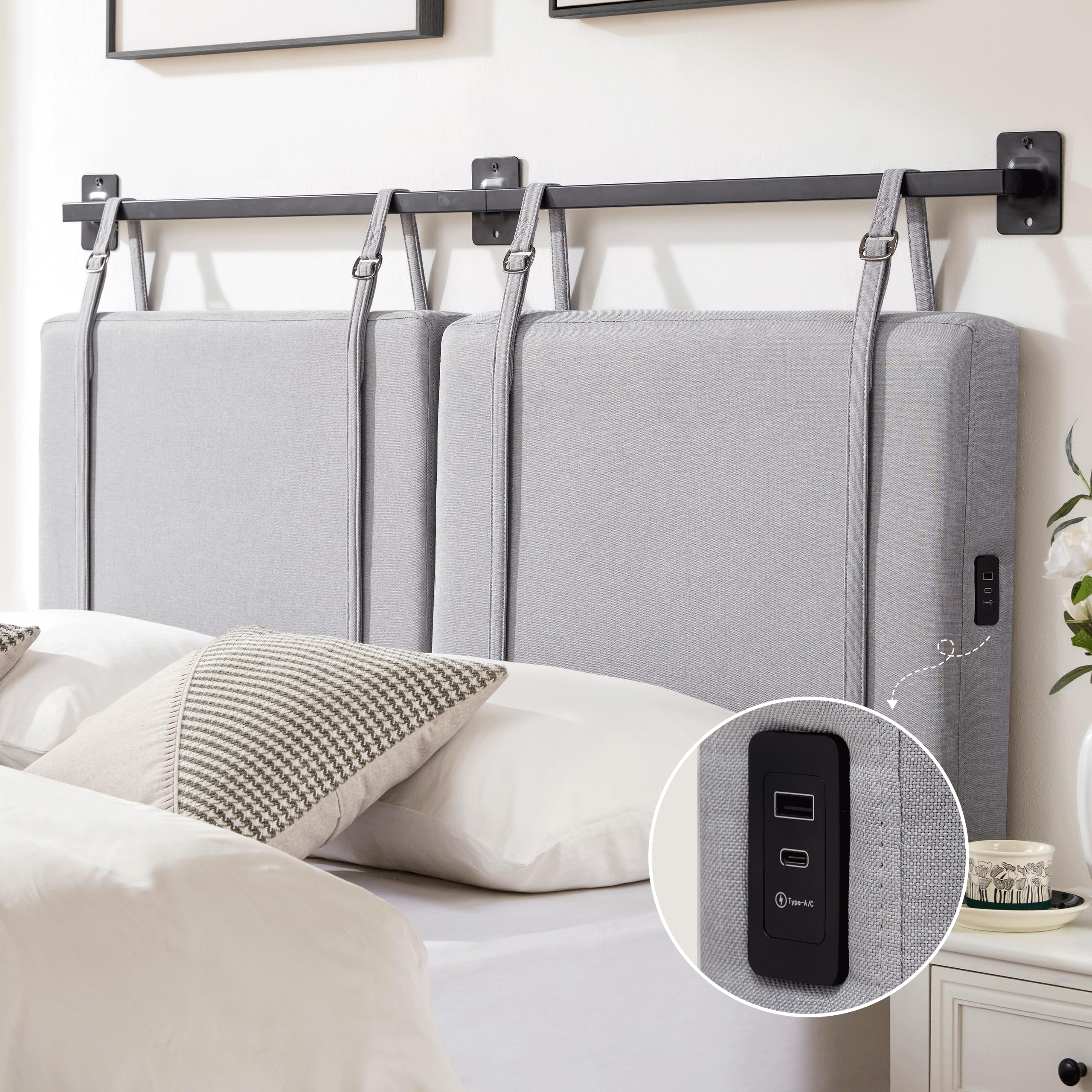 DIFUY Queen Size Wall Mounted Headboard with USB & Type-C Ports, Adjustable Fabric Straps, Upholstered Bed Headboard for Bedroom - Grey (Perfect for Small Spaces & Modern Bedroom Decor)