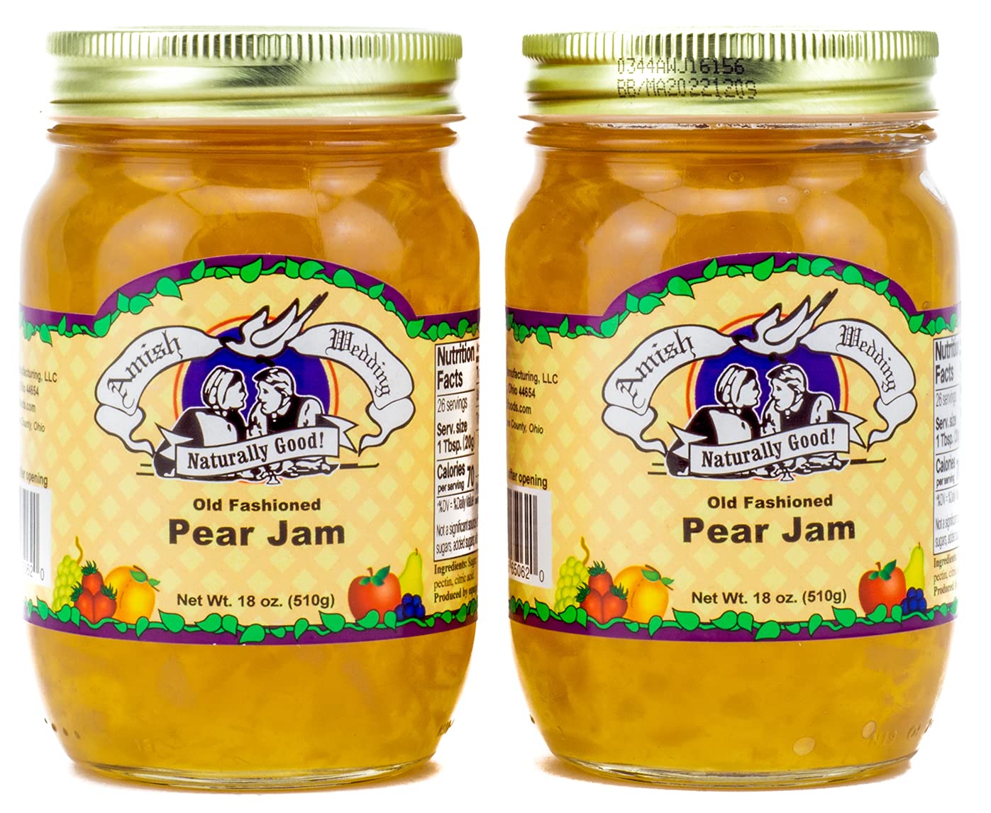 Amish Wedding Foods Old Fashioned Pear Jam - 2 Pack (18 oz Jars) - Homemade Preserves, All Natural Ingredients - Perfect for Toast, Desserts & Gift Giving