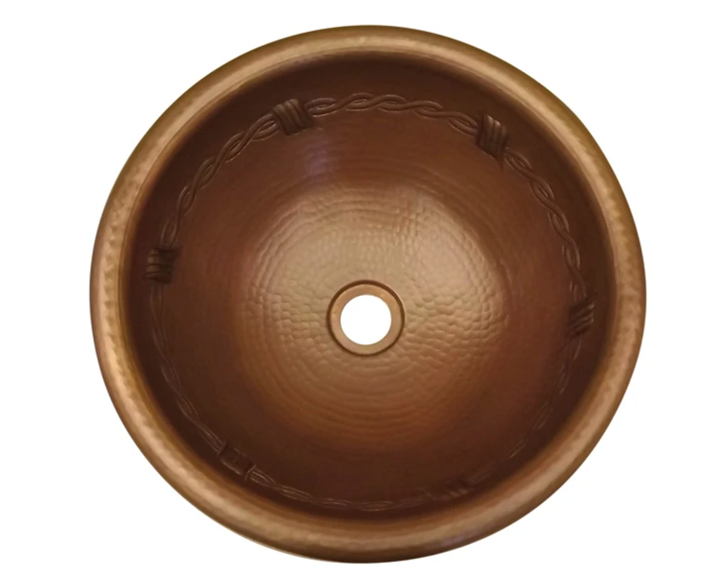 Handmade Round Hammered Copper Sink with Barbwire Design - Farmhouse & Rustic Bathroom Vanity Sink for Kitchen, Bathroom, or Outdoor Use