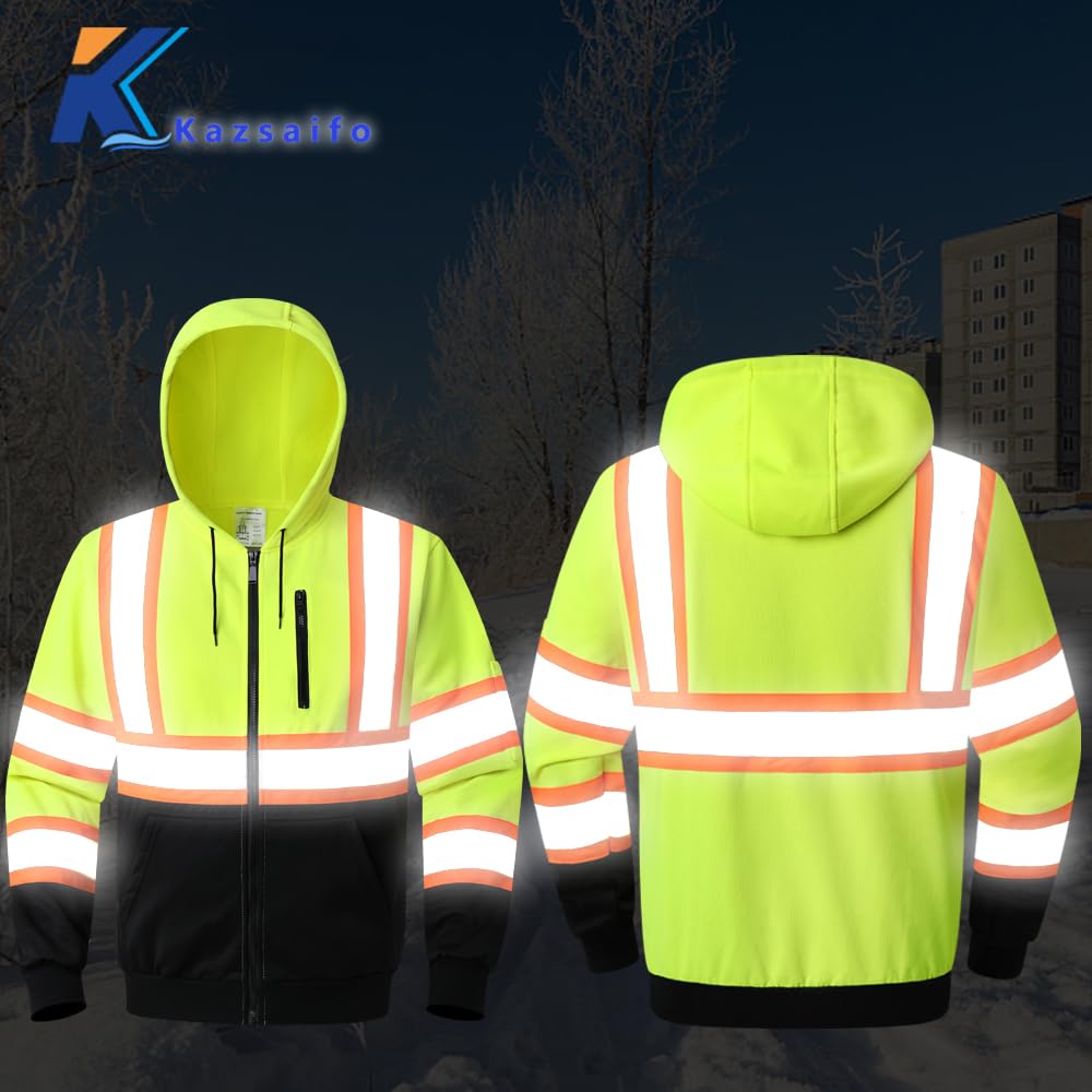 Class 3 High Visibility Safety Hoodie for Men & Women - Reflective Full Zip Fleece Sweatshirt with Black Bottom & Pockets | Perfect for Construction, Road Work & Nighttime Outdoor Activities (KZV-YellowLink-M)