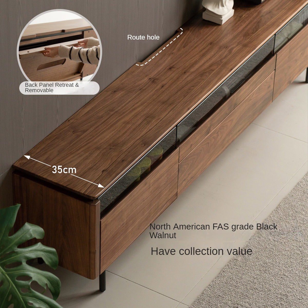 Premium Black Walnut Solid Wood TV Stand - Modern Entertainment Center with Storage Shelves for Living Room, Bedroom & Home Theater Setup