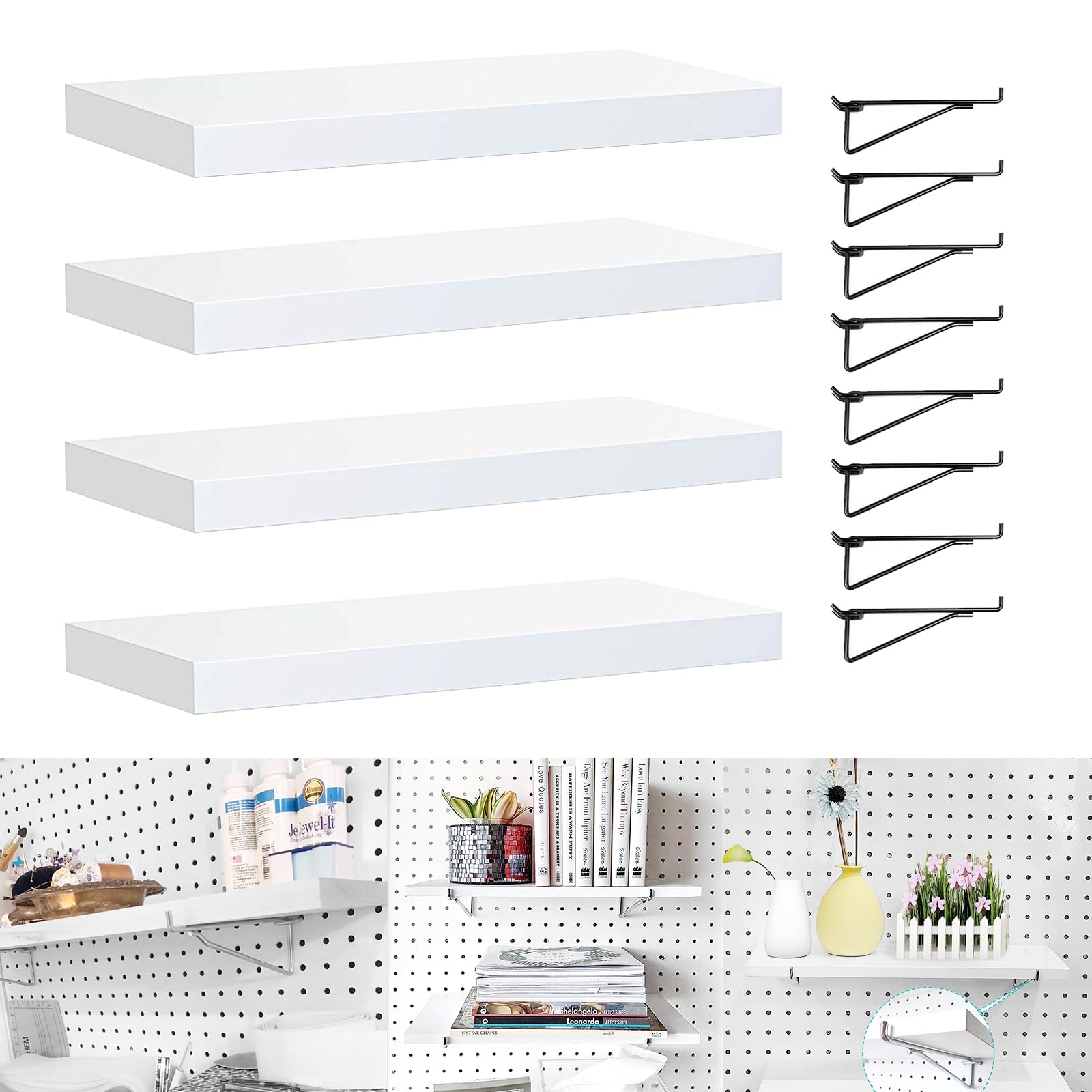 4 Pack Heavy Duty Pegboard Shelves with Metal Hooks - Durable Pegboard Shelf Brackets & Accessories for Craft Room, Office, Garage Organization - Perfect for Wall Storage, Tool Hanging & DIY Projects