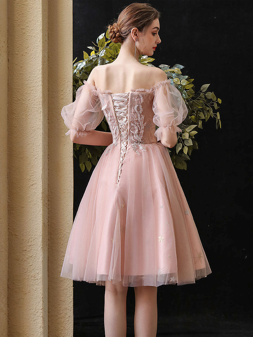 Pink Sweetheart Neck Tulle Lace Short Prom Dress - Elegant Homecoming Gown for Teens, Perfect for Dances, Parties & Special Occasions