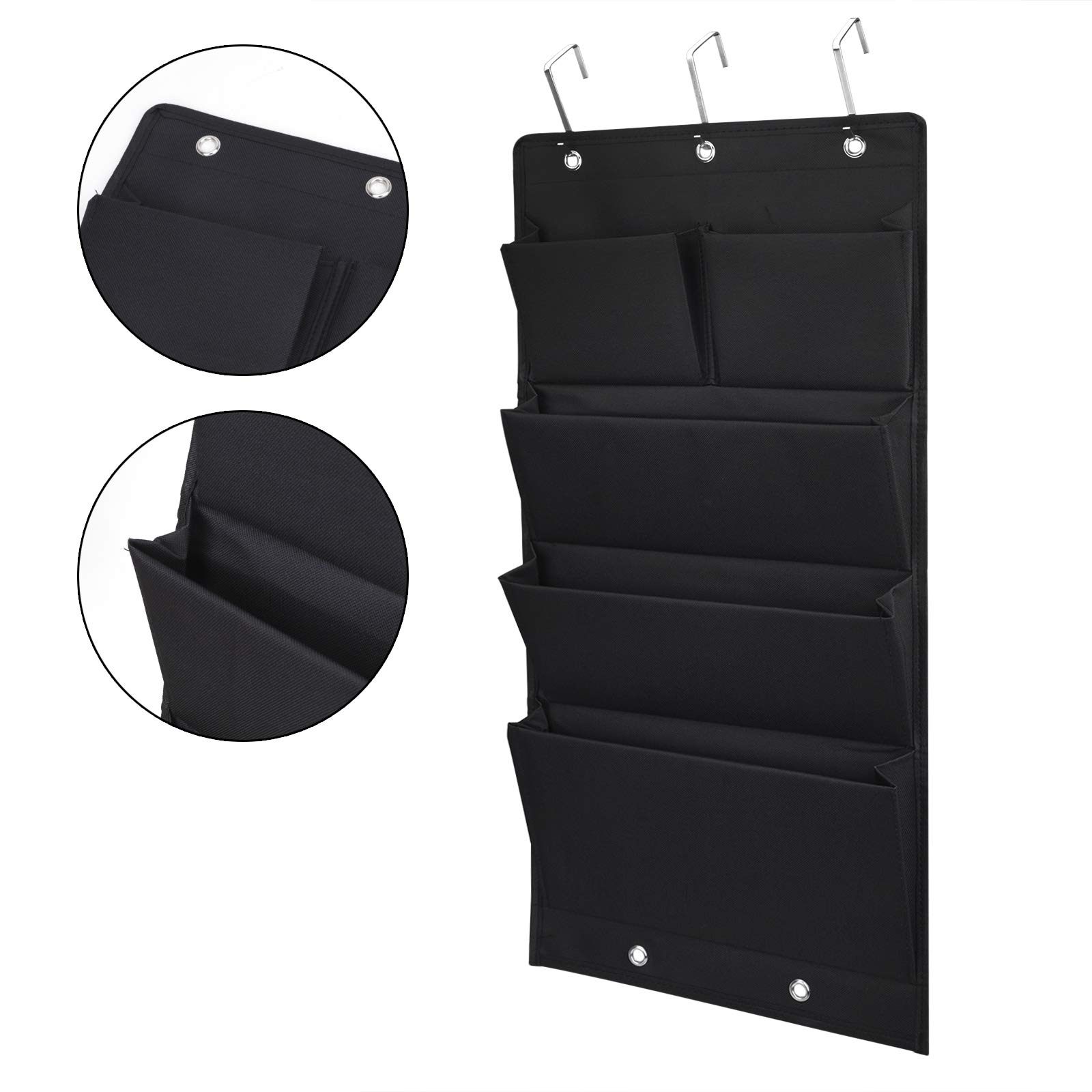 5-Pocket Over the Door File Organizer - Black Wall Mounted Hanging Document Holder (13.4x28 Inch) - Perfect for Home Office, Dorm Room & Classroom Organization