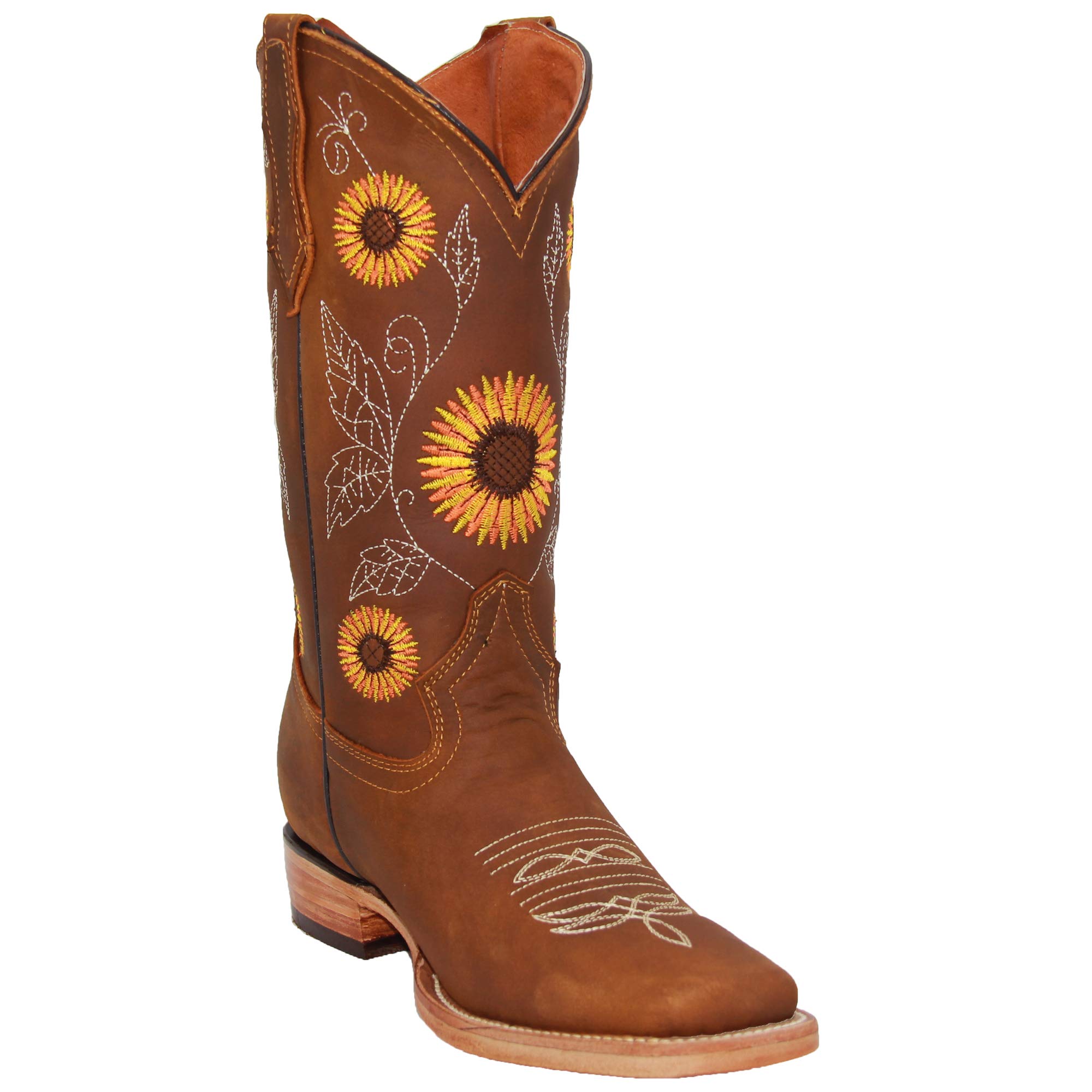 **Women's Western Cowboy Boots - Square Toe Leather Boots with Sunflower Embroidery | Country Style, Rodeo, Line Dancing & Casual Wear**