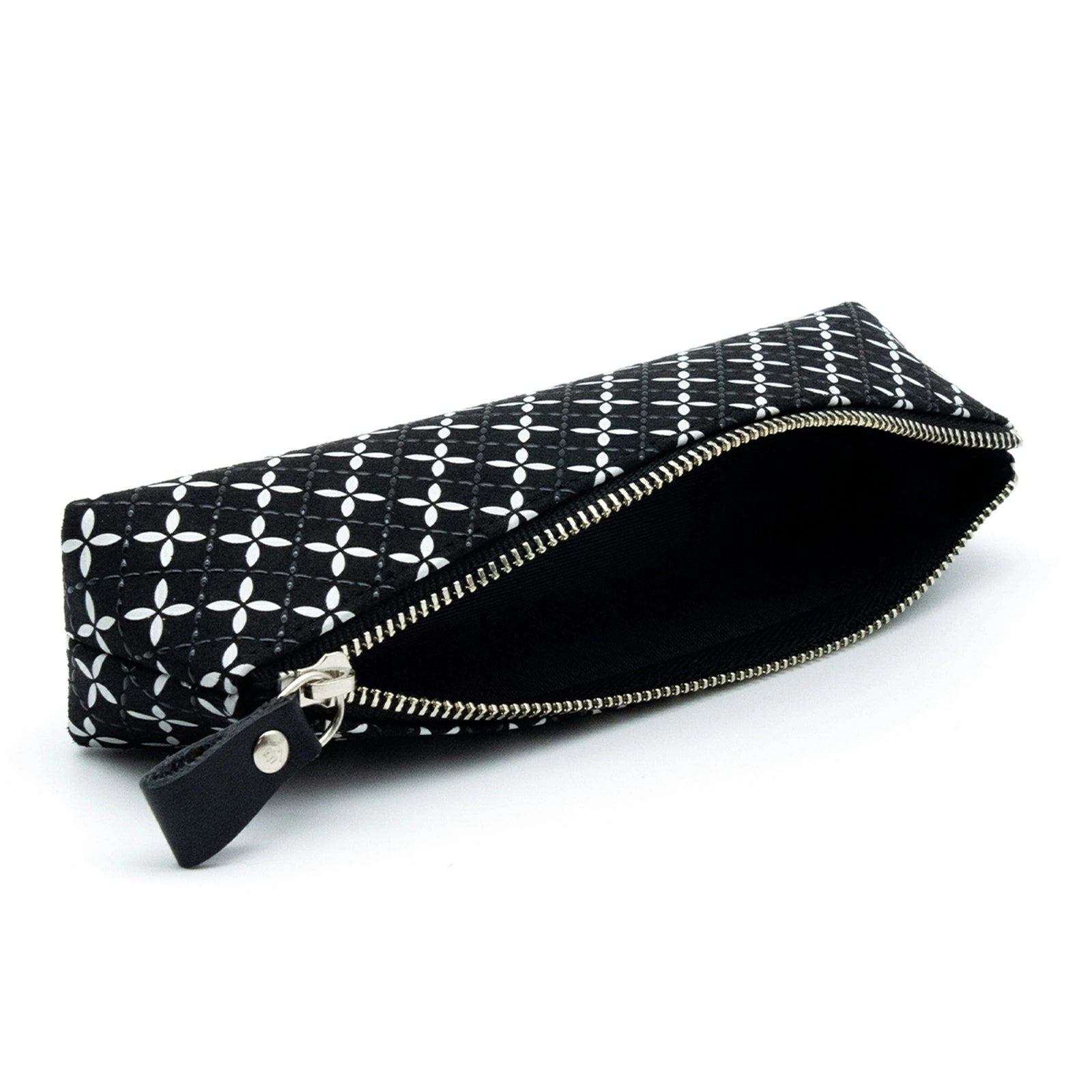 Premium Japanese Deerskin Leather Pencil Case - Koshu Inden Shippo Black Interlocking Circles Pattern - Handmade Traditional Craft Pen Holder for School, Office & Gift Giving