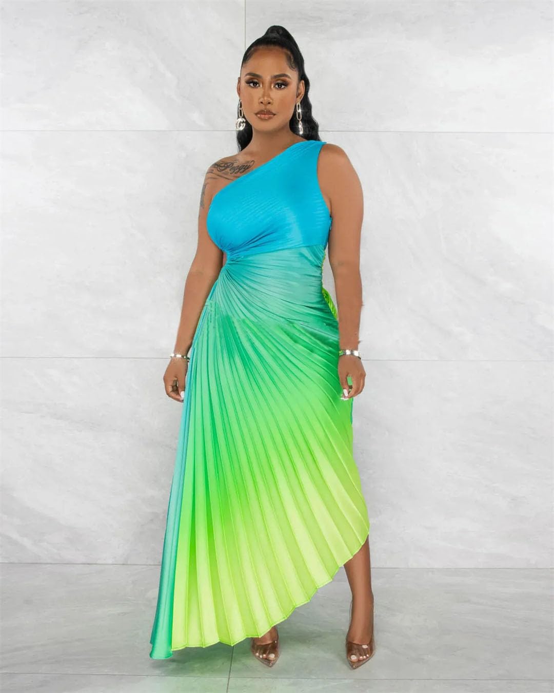 Elegant Women's Gradient Printed Pleated One Shoulder Maxi Dress with Roll Waist & Irregular Hem - Perfect for Parties, Weddings & Summer Vacations