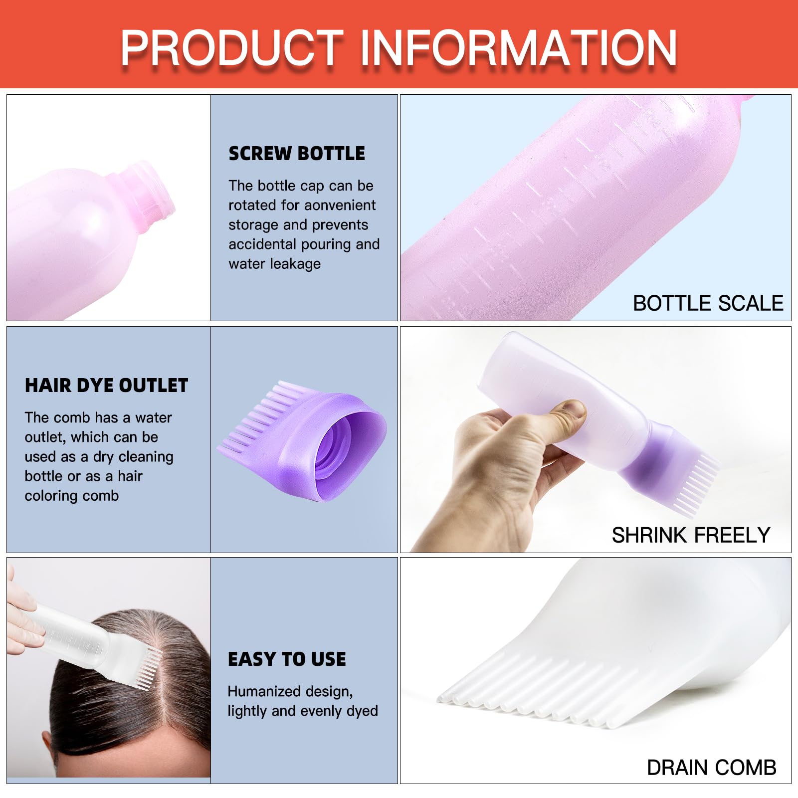 6oz Root Comb Applicator Bottle for Hair Oil & Dye - 2 Pack Pink Bottles with Graduated Scale | Perfect for At-Home Hair Treatments, Salon Use & DIY Hair Care
