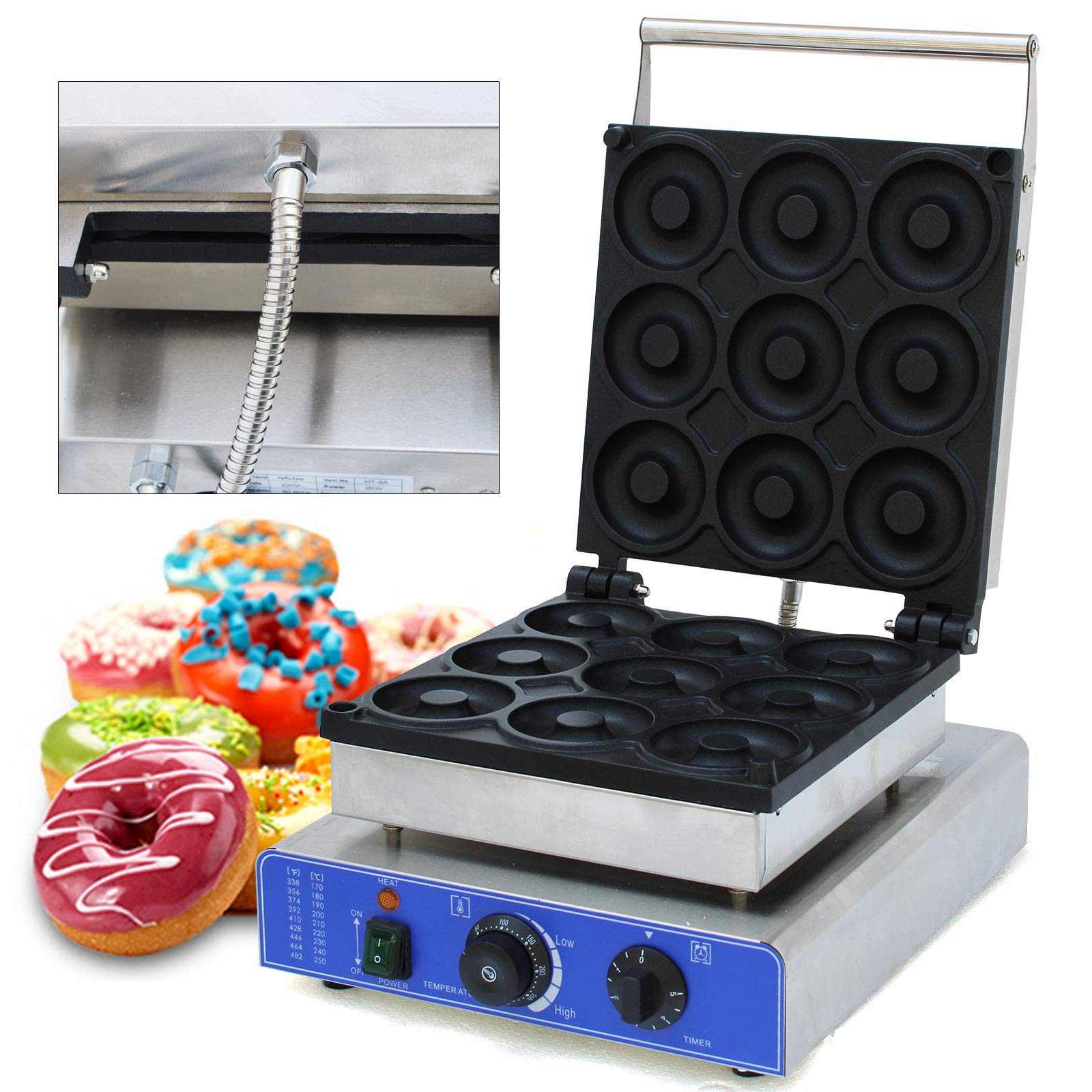 Commercial Donut Maker Machine - 1.8KW Electric Waffle Baker with 9 Nonstick 9x3x3cm Molds - Fast 1-5 Minute Cooking - 110V for Bakeries, Cafes & Home Breakfast