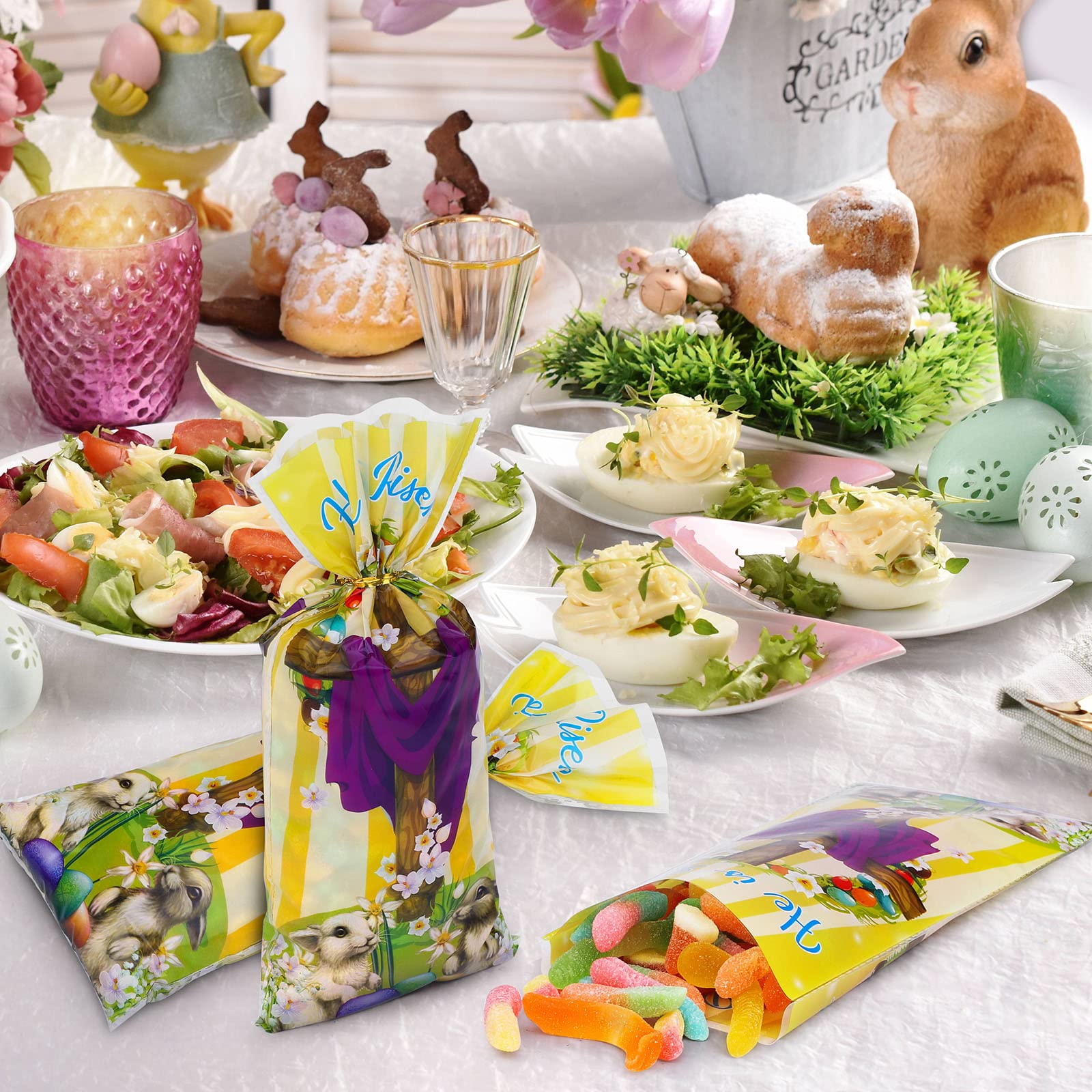 Fovths 100 Pack Clear Plastic Easter Treat Bags with Gold Twist Ties - He is Risen Cellophane Candy Bags for Easter Party Favors, Bible School Events & Egg Hunt Treats - Perfect for Church Celebrations, Sunday School Gifts & Spring Festival Goodie Bags