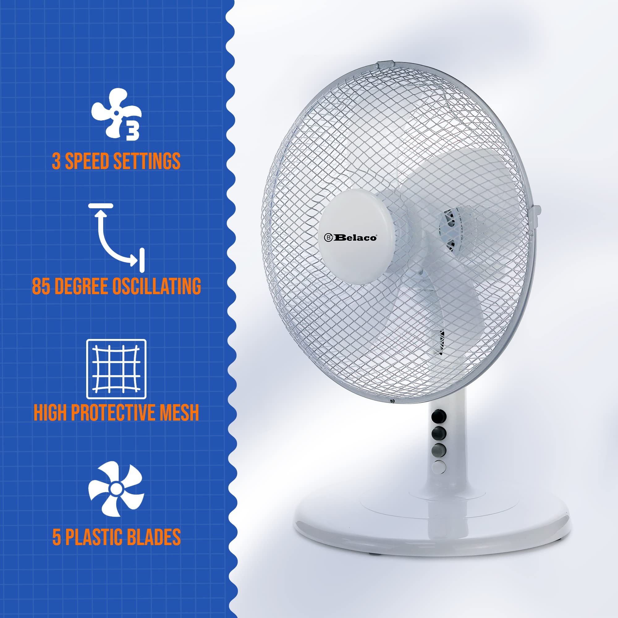Belaco 12 Inch 3-Speed Oscillating Table Fan - Quiet Desk Fan with Sturdy Base & Safety Mesh for Home, Office, Dorm, Bedroom - White | Perfect for Cooling Workspaces, Living Rooms & Small Spaces