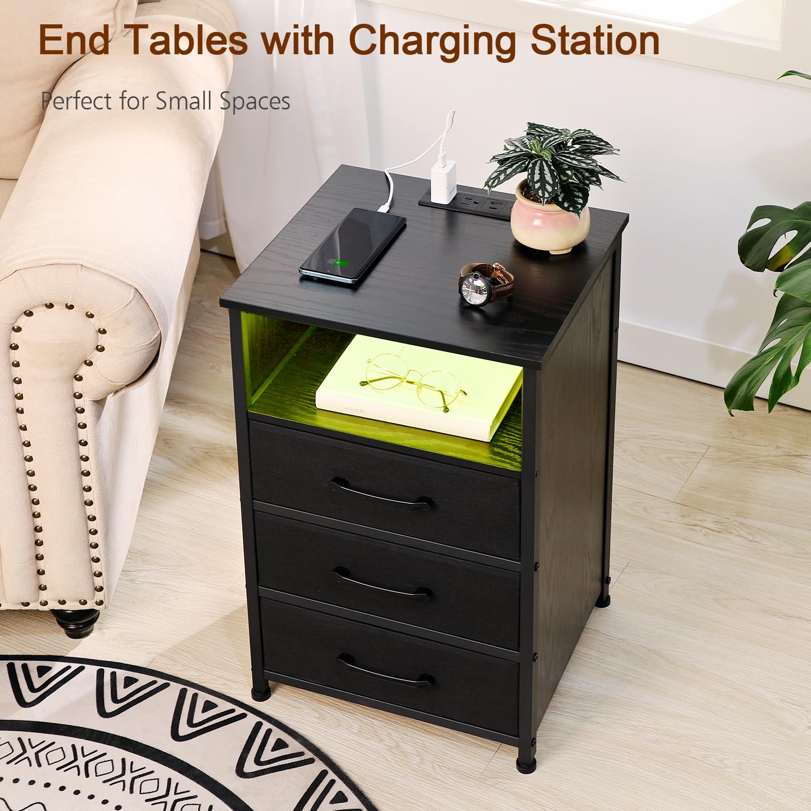 Black Night Stand Set of 2 - Modern LED Bedside Tables with USB-C Charging Station & Power Outlets - 3 Fabric Drawer Storage End Tables for Bedroom, Living Room, or Office (HNS033BK)