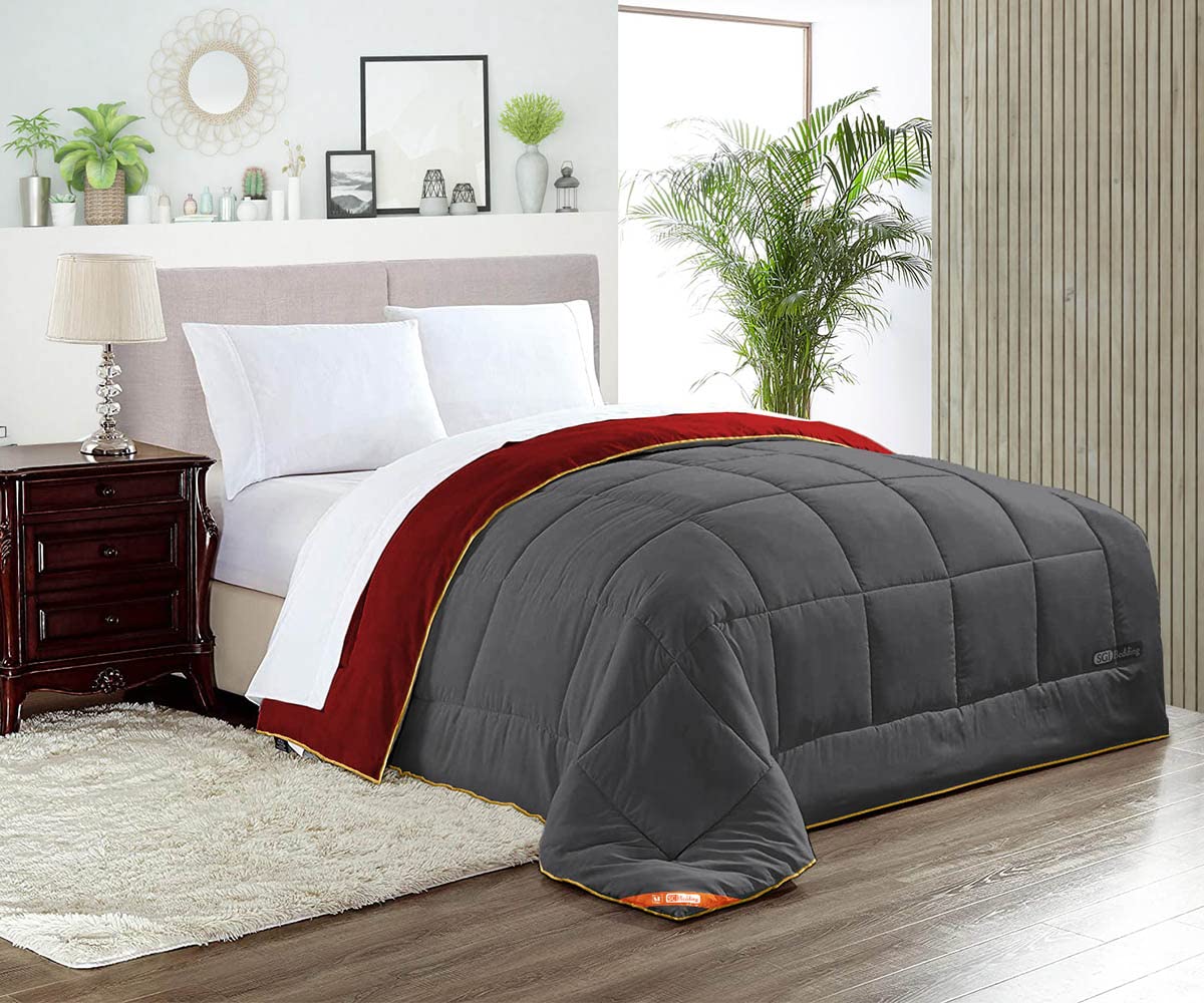 Premium Oversized Queen Down Alternative Comforter - 300 GSM Plush Siliconized Fiberfill, 600 TC Egyptian Cotton Cover with Golden Piping (Burgundy/Dark Gray) | Ultra Soft & Hypoallergenic Bedding for All Seasons - Perfect for Master Bedrooms, Guest Rooms & Cozy Nights