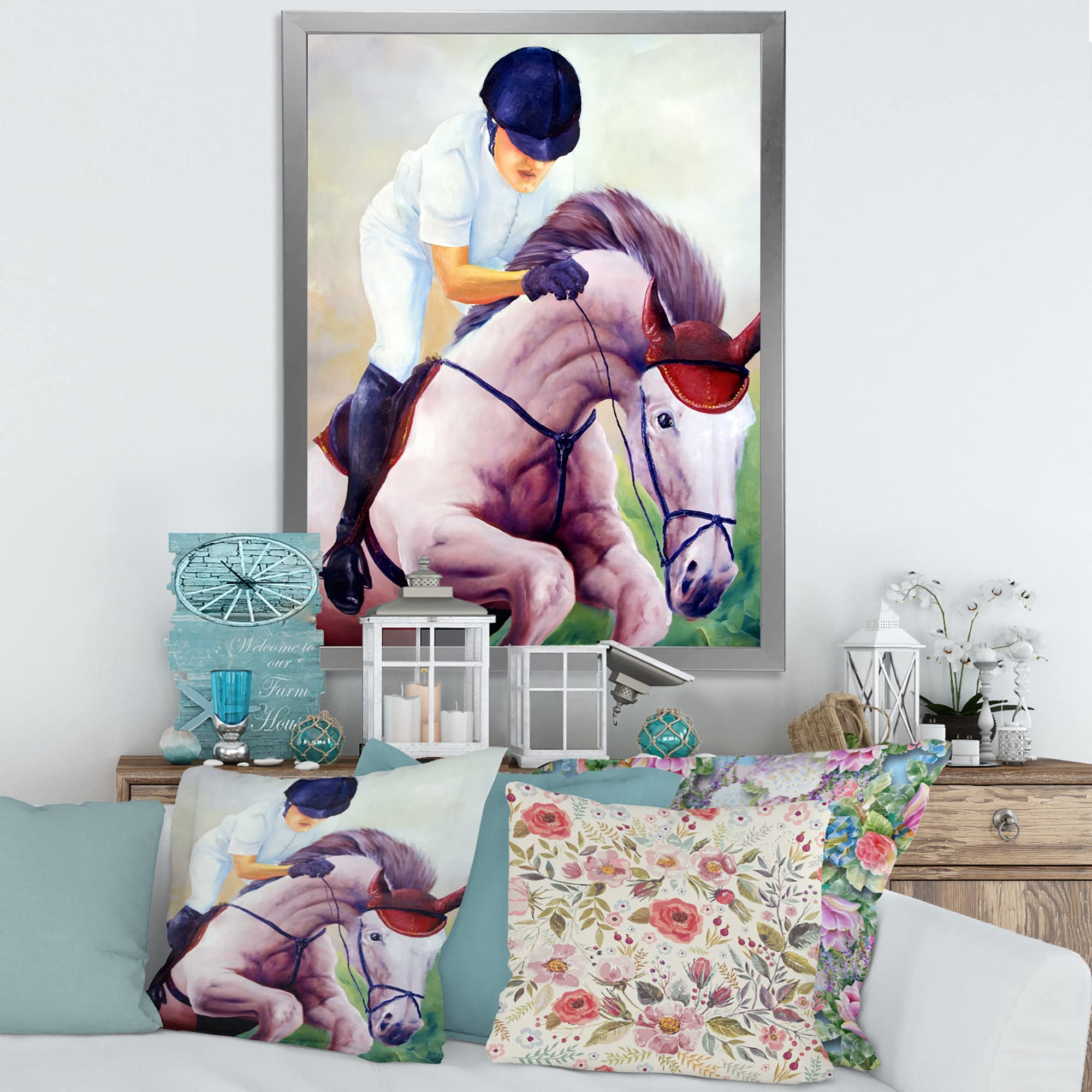 DesignQ Jockey on Galloping Horse Farmhouse Framed Wall Art - Rustic Home Decor for Living Room, Bedroom & Office