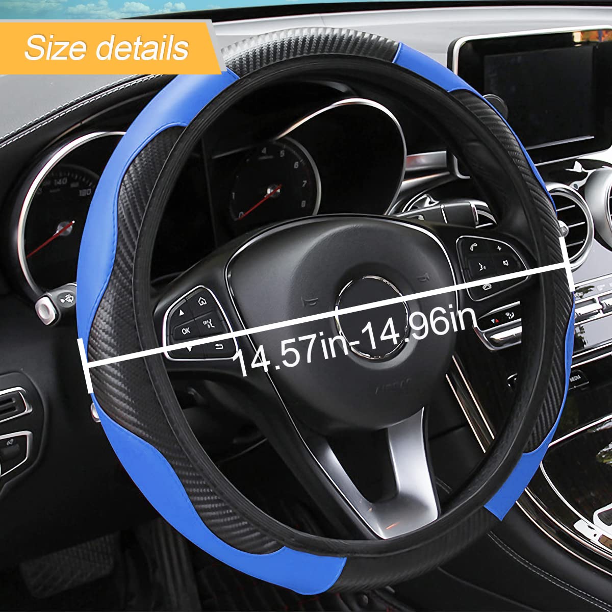 Premium 15 Inch Car Steering Wheel Cover - Microfiber PU Leather with Carbon Fiber Design | Anti-Slip, Breathable & Universal Fit for Most Vehicles | Perfect for Daily Commute, Road Trips & Enhanced Driving Comfort (Black/Blue) - Car Interior Accessories for Men & Women