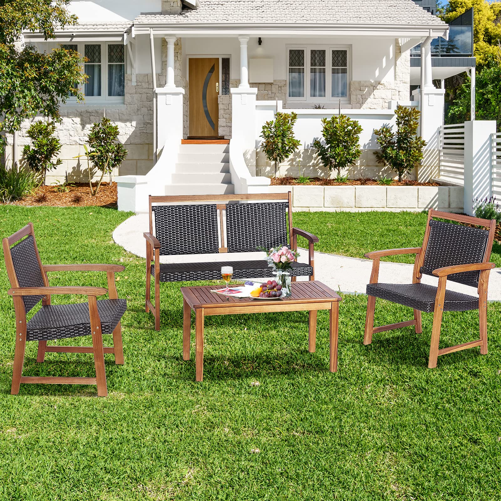 Tangkula 4-Piece Outdoor Patio Furniture Set - Rattan Wicker Conversation Set with Acacia Wood Frame, Waterproof Sectional Sofa with Chairs & Coffee Table for Garden, Backyard, Poolside, Deck or Patio - Perfect for Relaxing, Entertaining and Outdoor Gatherings