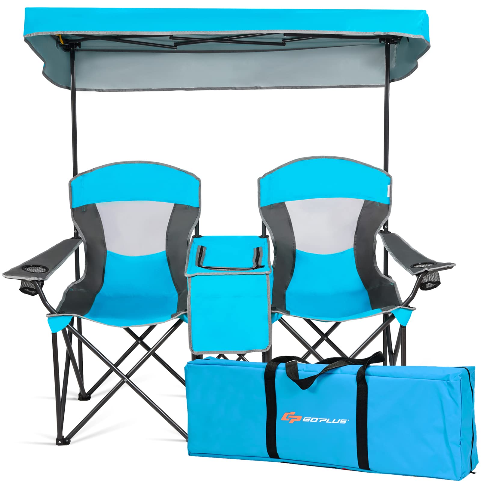 Goplus Double Beach Chair with Canopy Shade - Portable Folding Lawn & Camping Chair with Sun Protection, Mini Table & Cup Holder - Includes Carry Bag for Outdoor, Travel, Hiking, Fishing & Poolside Use (Blue) - Perfect for Beach Vacations, Backyard Relaxation & Picnics